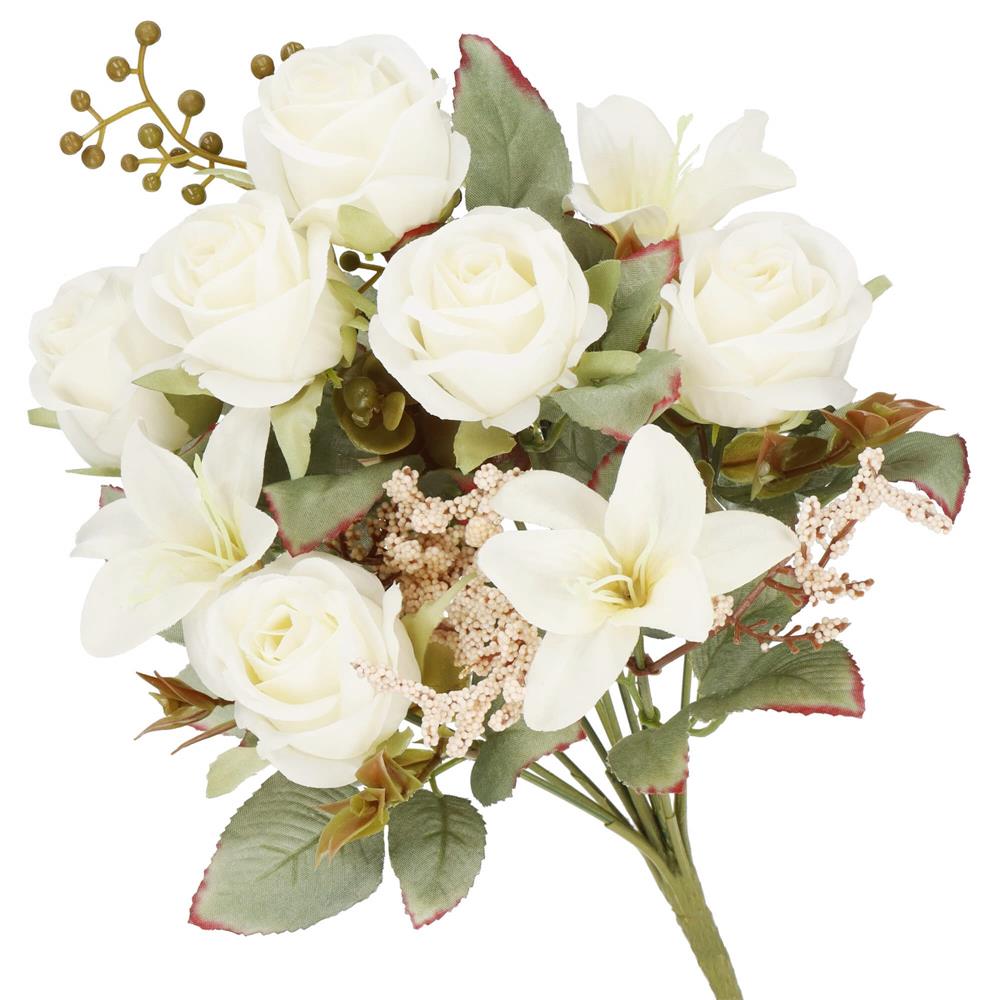Buchet de flori artificiale din poliester, 9 fire trandafiri si crini, 37cm, alb