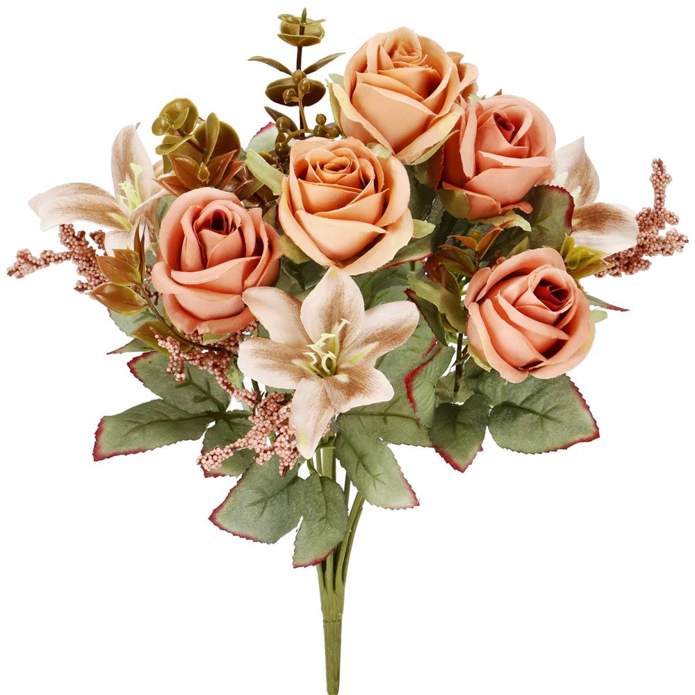 Buchet de flori artificiale din poliester, 9 fire trandafiri si crini, 37cm, roz