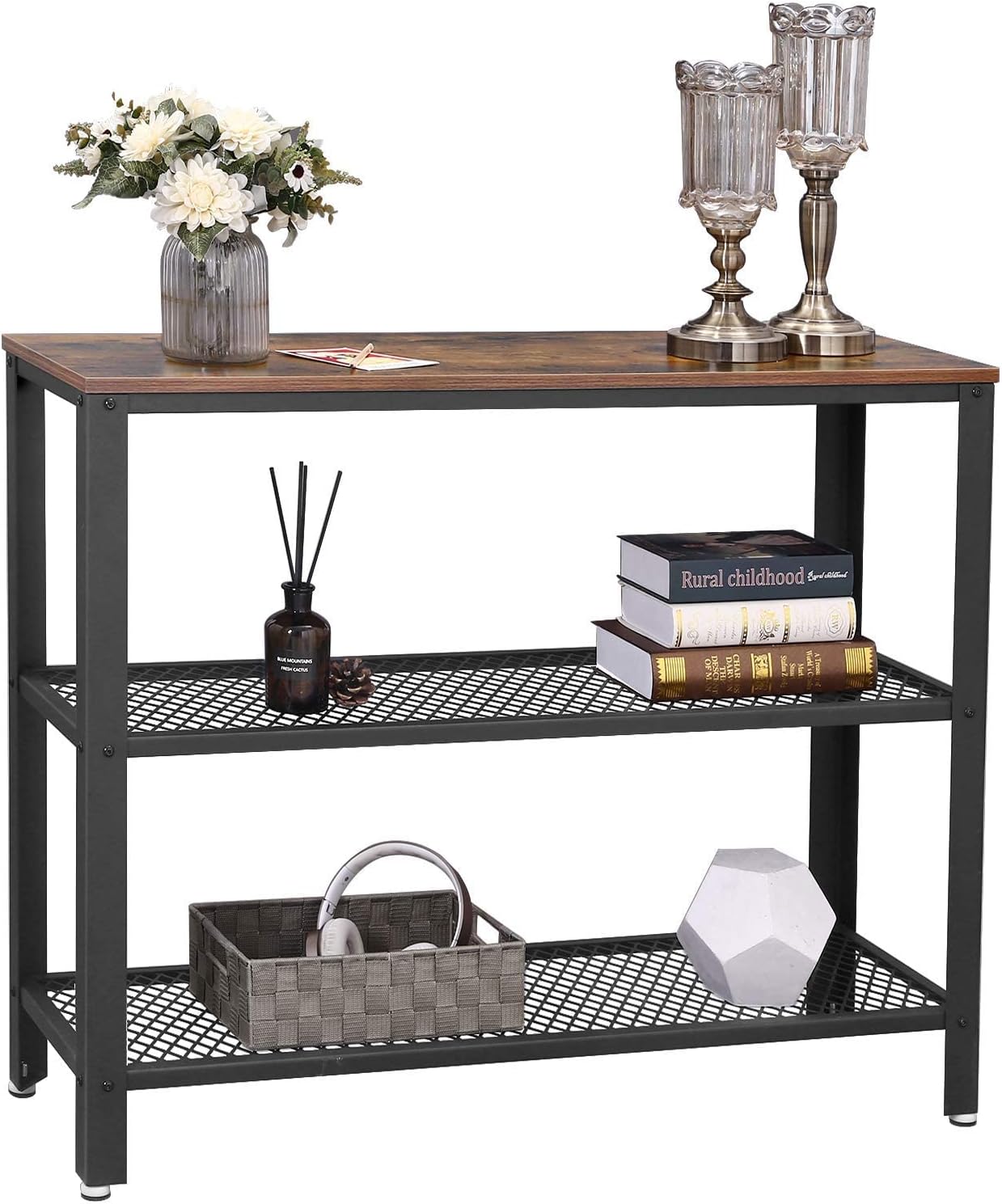 VASAGLE Masa de intrare, cadru metalic cu 3 polite din MDF, 35x102x80cm, maro rustic si negru