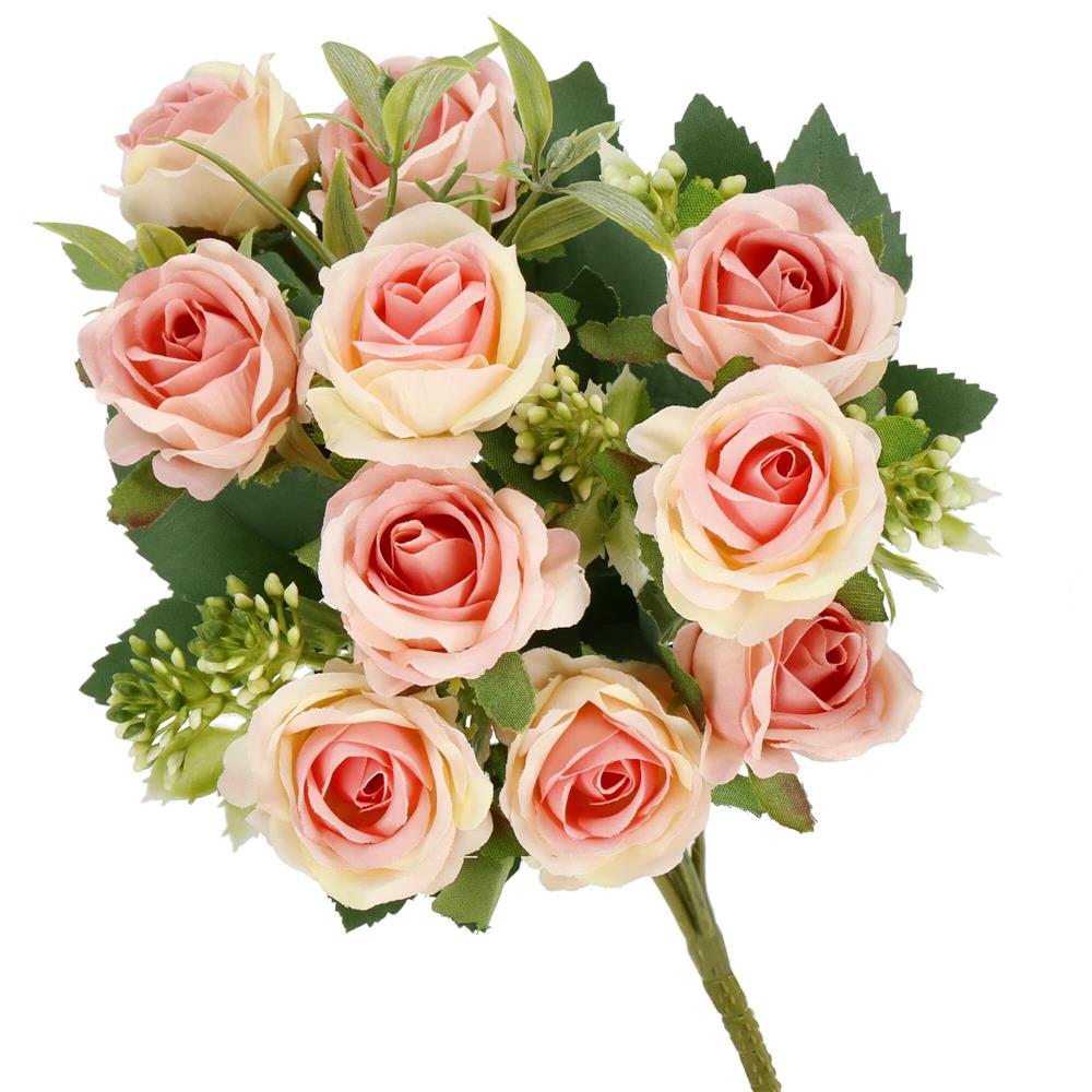 Buchet de flori artificiale din poliester, 10 fire trandafiri, 29cm, roz
