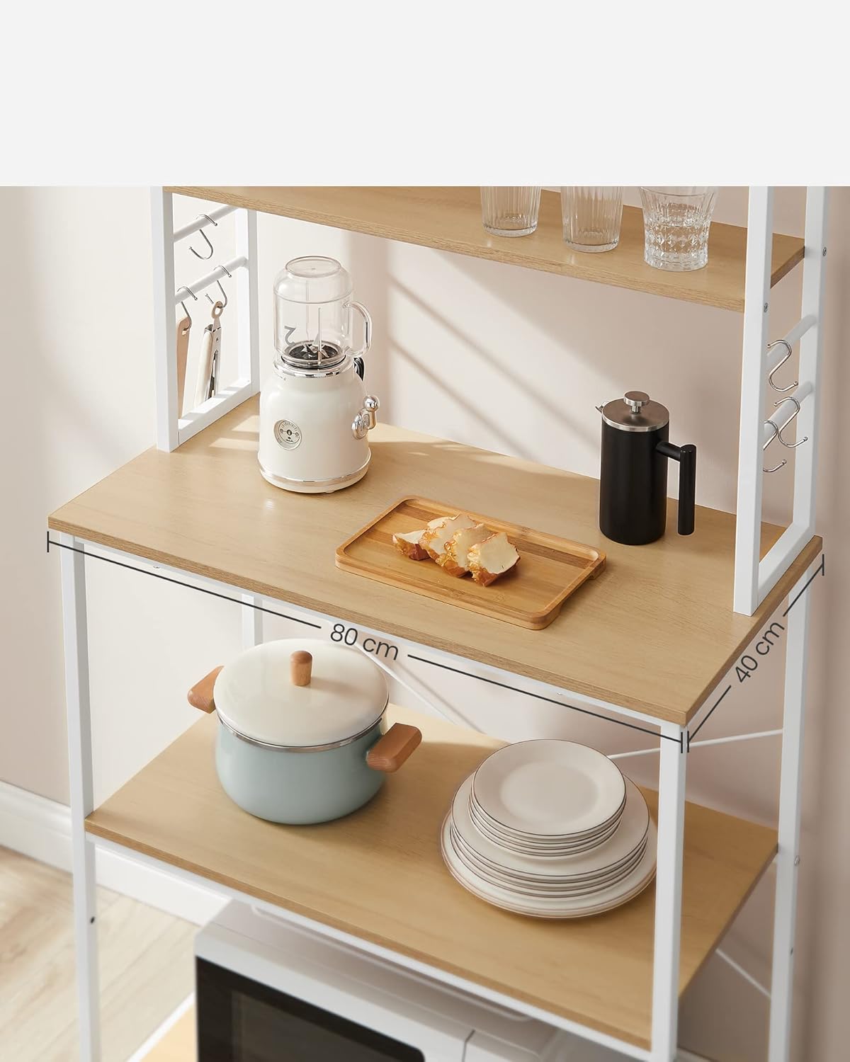 VASAGLE Raft de bucatarie cu spatiu pentru cuptorul cu microunde, 6 rafturi, otel, industrial, 40x80x167cm, maro stejar si alb