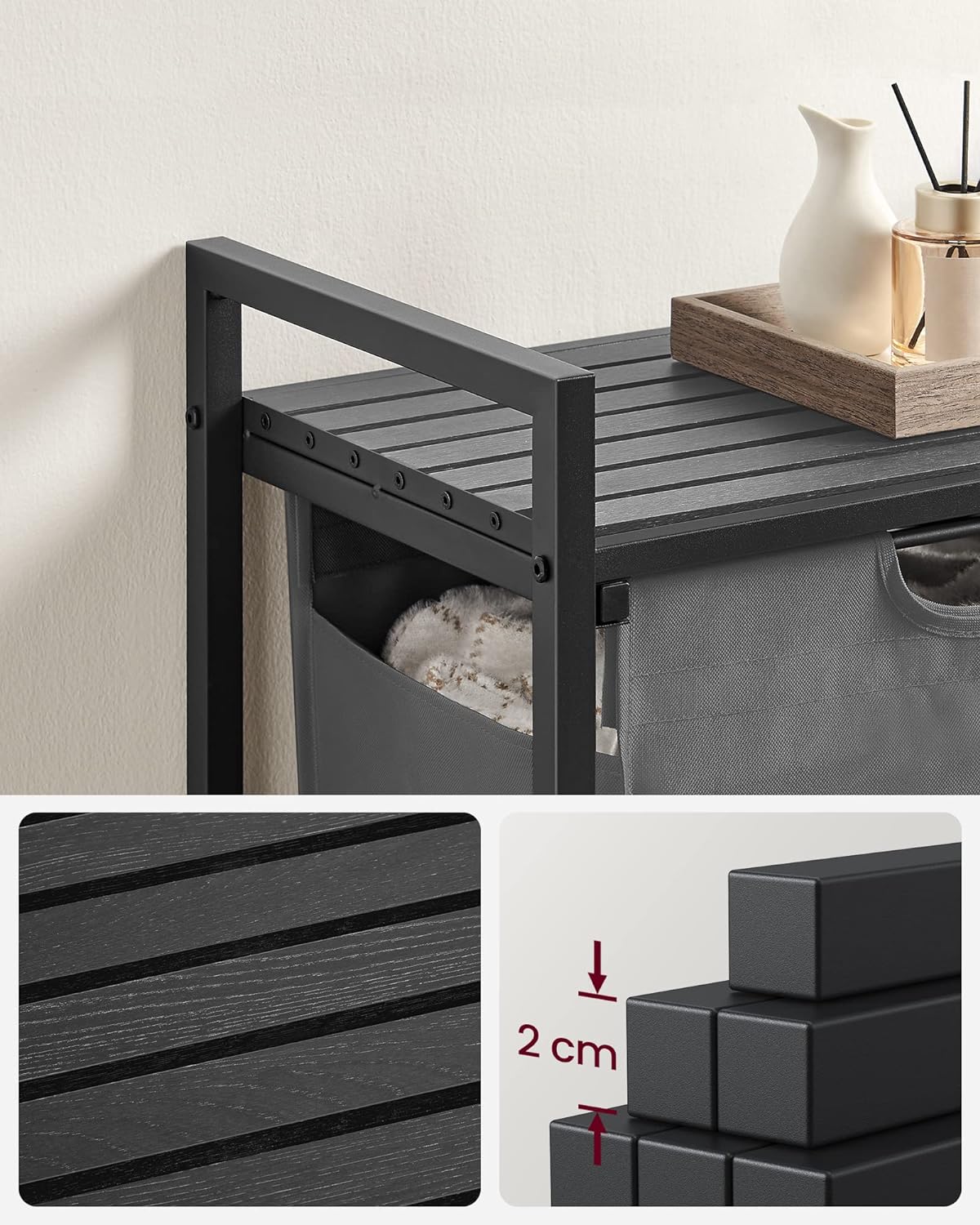 VASAGLE Cos de rufe, sac de rufe detasabil, raft, cadru metalic, 65L, 50x33x72 cm, negru si gri