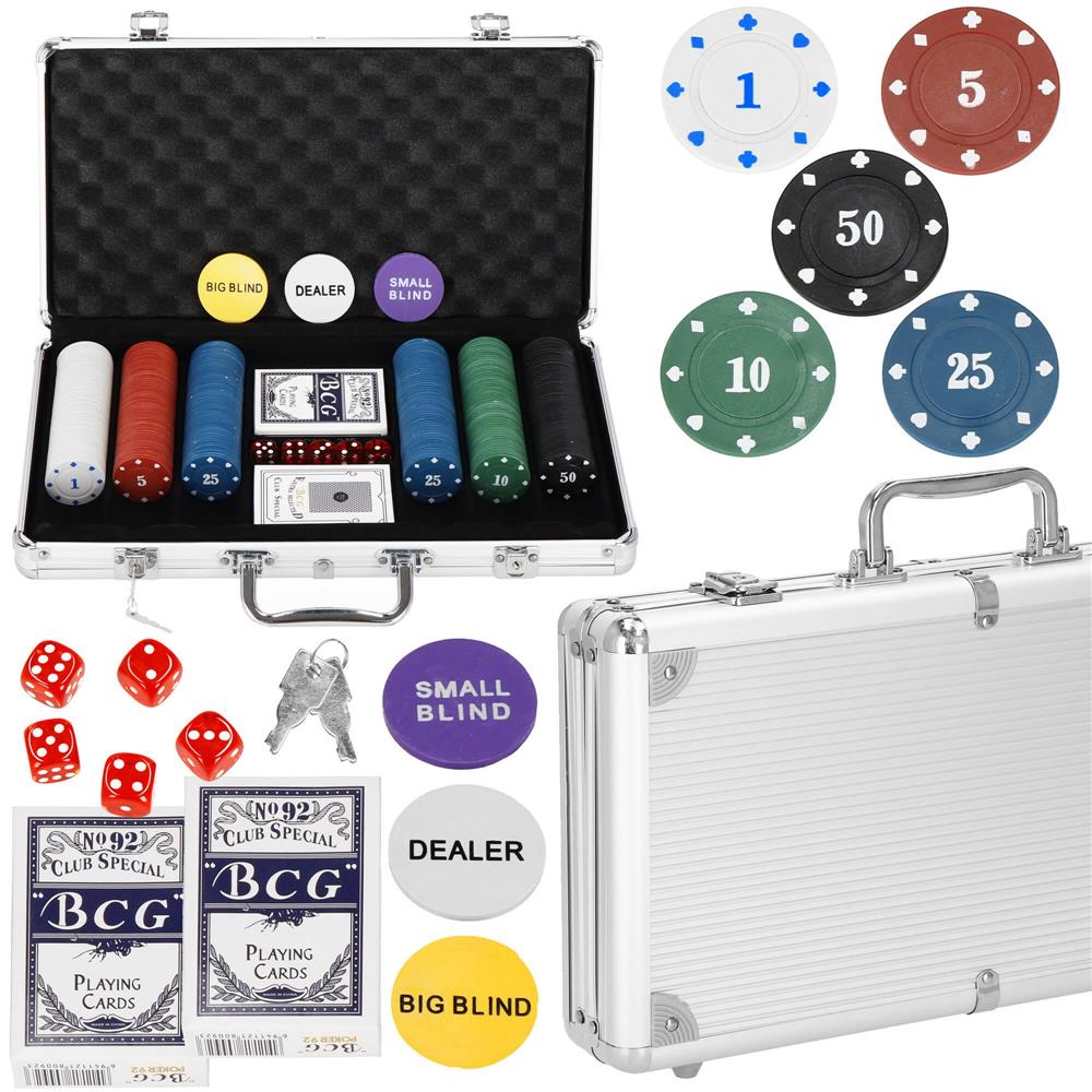 Set de Poker Complex cu 300 de jetoane, 2 seturi de carti, 5 zaruri, in servieta aluminiu