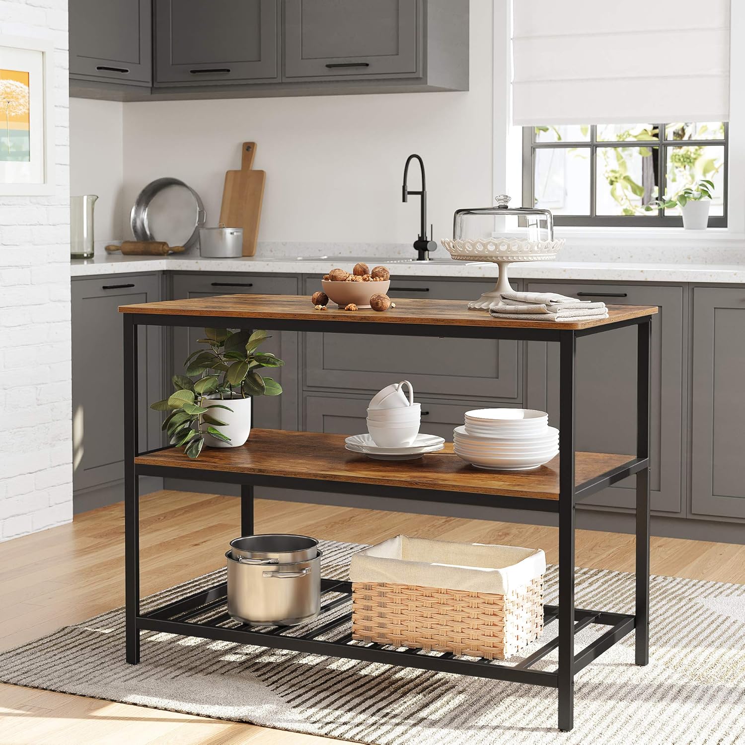 VASAGLE Raft de bucatarie tip insula, cadru de otel cu 3 nivele, stil industrial, 60x120x90cm, maro - 6