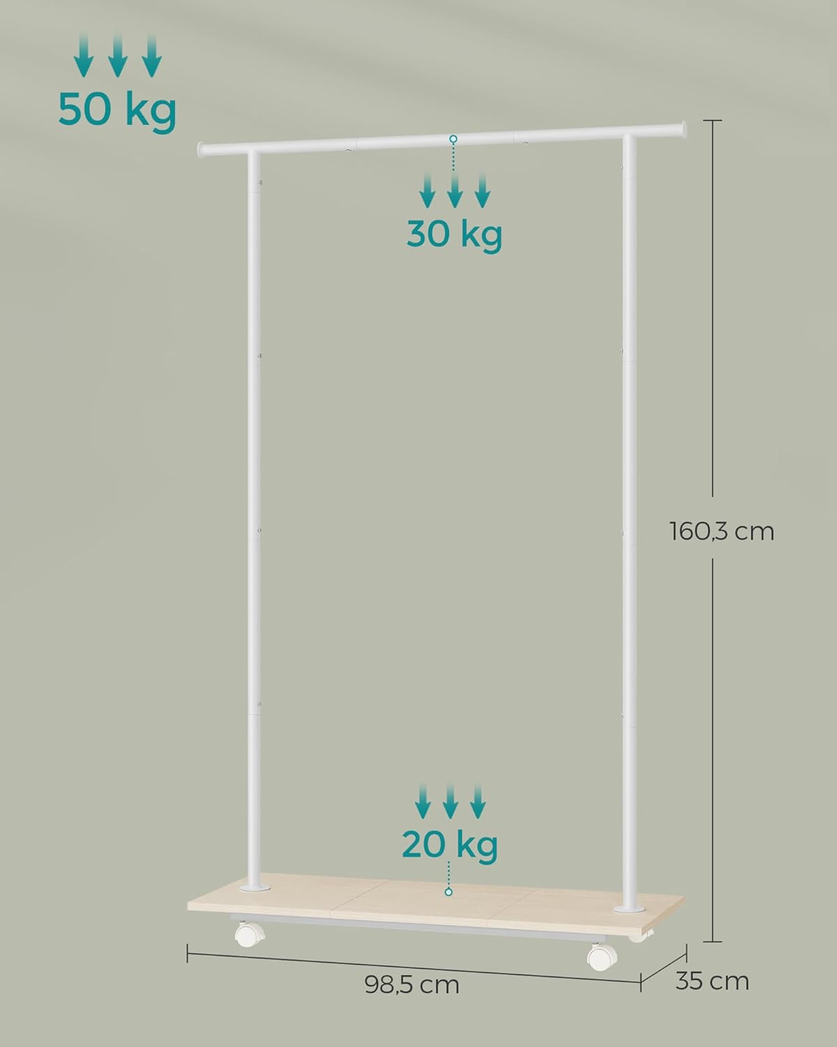 SONGMICS Suport pentru haine cu sina de agatat si polita inferioara, pe roti, 35x99x160 cm, alb