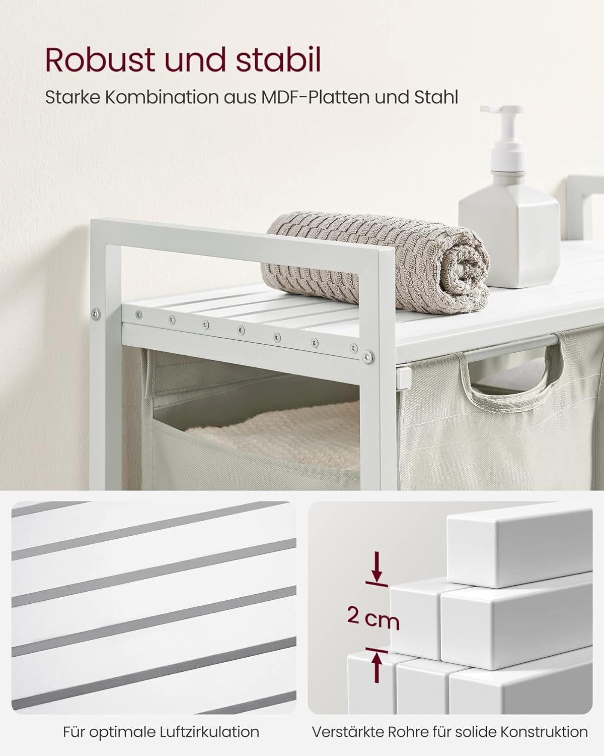 VASAGLE Cos de rufe, 2 compartimente, saci de rufe detasabili, raft, cadru metalic, 2x46L, 73x33x72 cm, alb