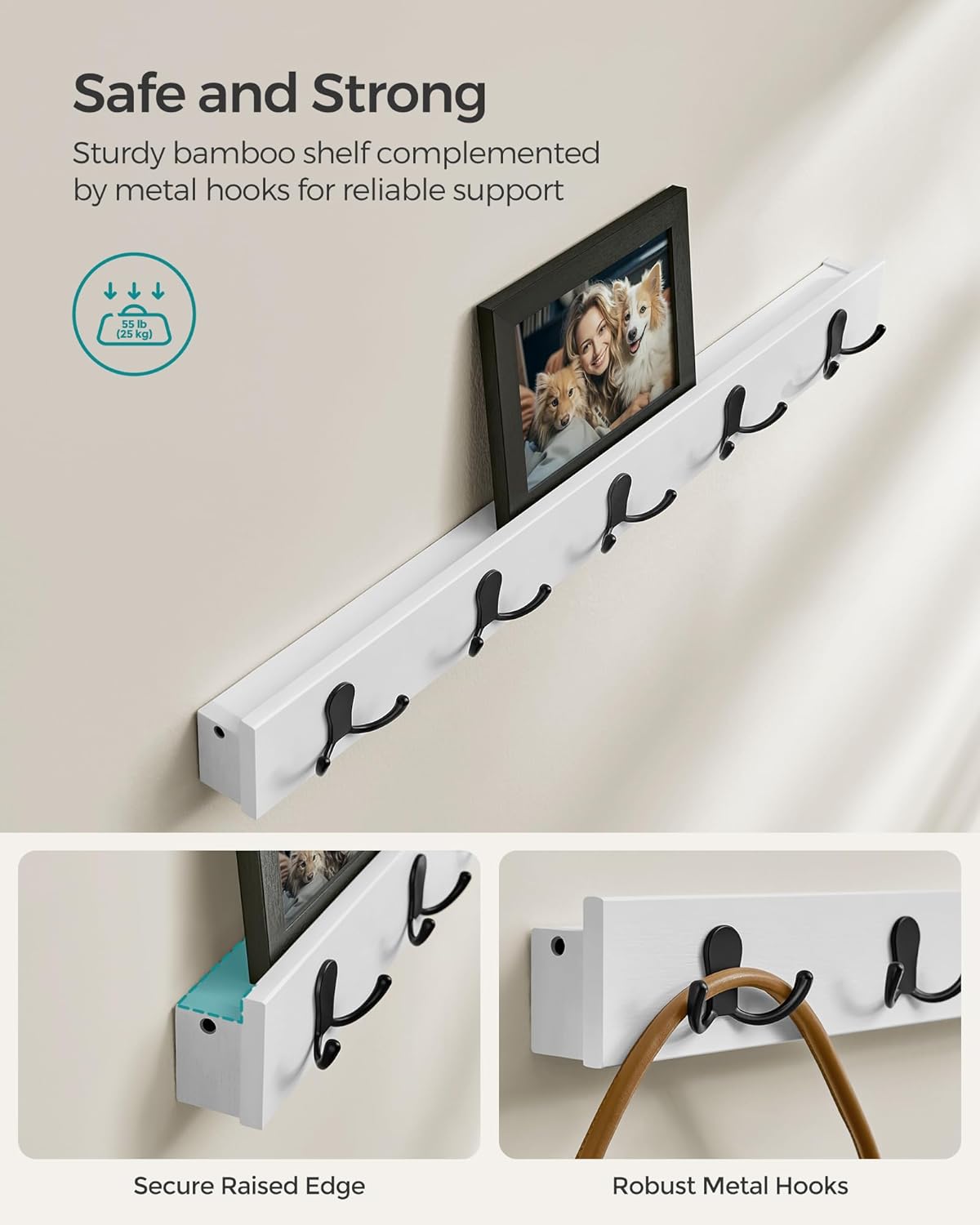 SONGMICS Set multifunctional pentru hol cu banca pentru pantofi si cuier, din bambus, 29x70x45 cm, alb