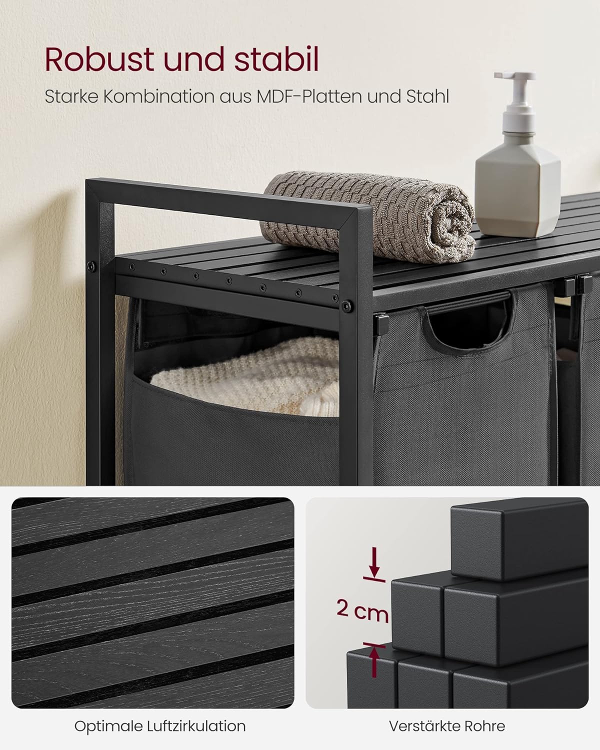 VASAGLE Cos de rufe, 3 compartimente, saci de rufe detasabili, raft, cadru metalic, 3x38L, 93x33x72 cm, negru