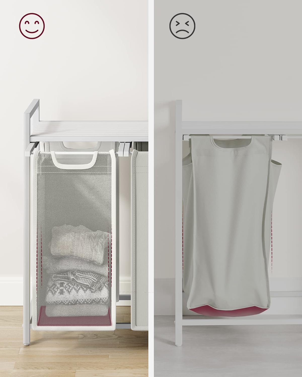 VASAGLE Cos de rufe, 3 compartimente, saci de rufe detasabili, raft, cadru metalic, 3x38L, 93x33x72 cm, alb