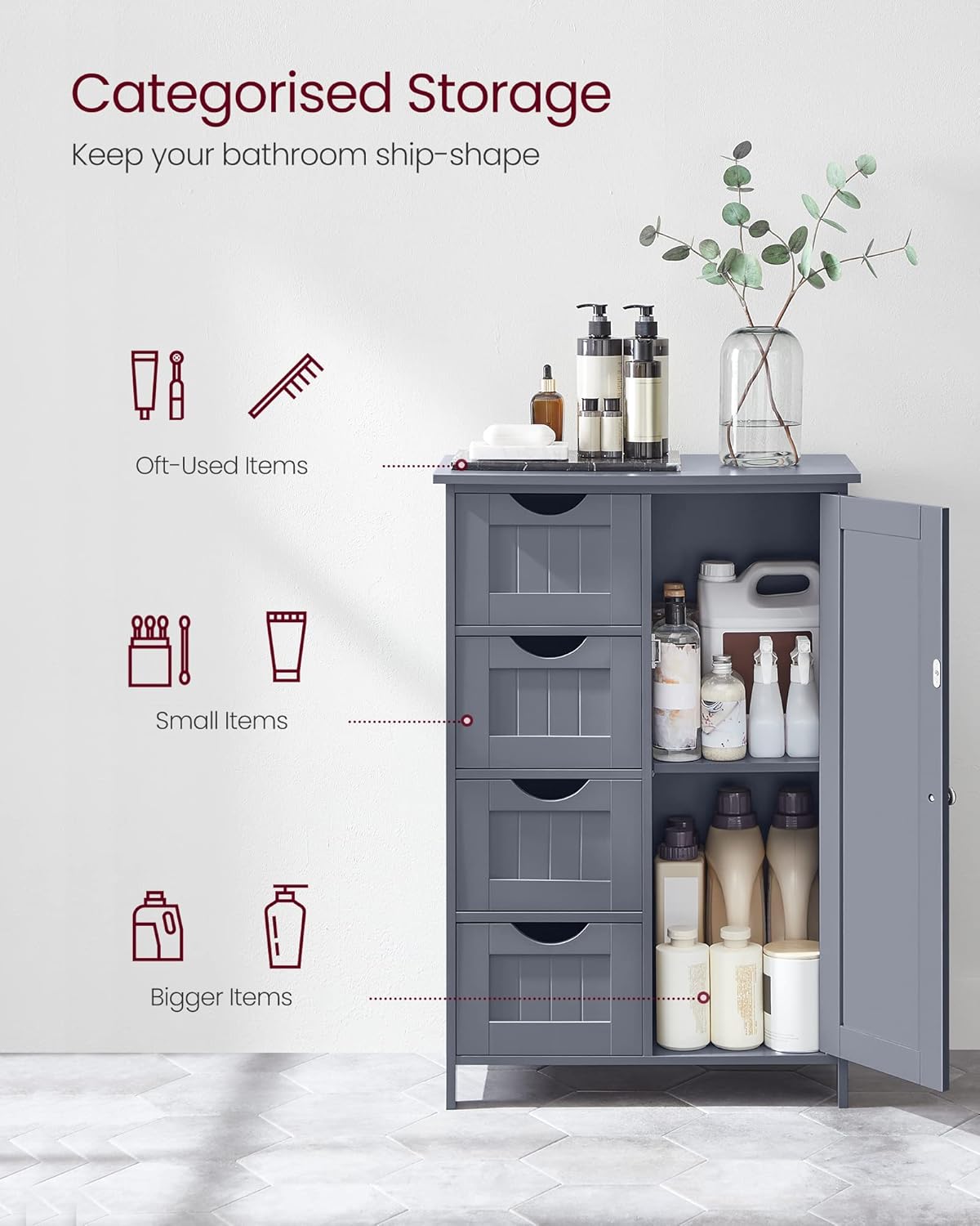VASAGLE Dulap de baie, din MDF, cu 4 sertare, raft reglabil, 30x55x82 cm, gri