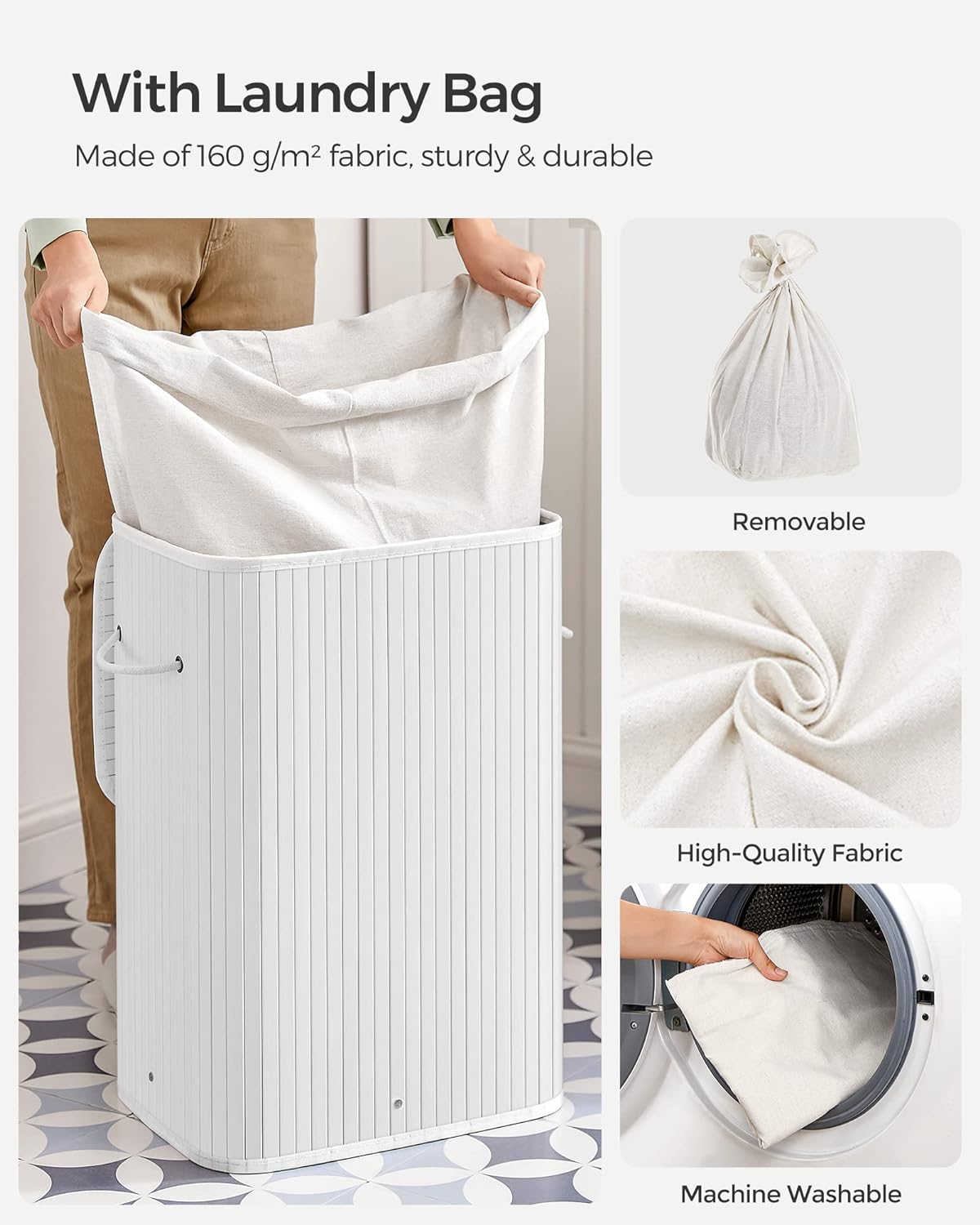SONGMICS Cos de rufe din bambus, pliabil, cu captuseala detasabila lavabila, 72L, 40x30x60cm, alb