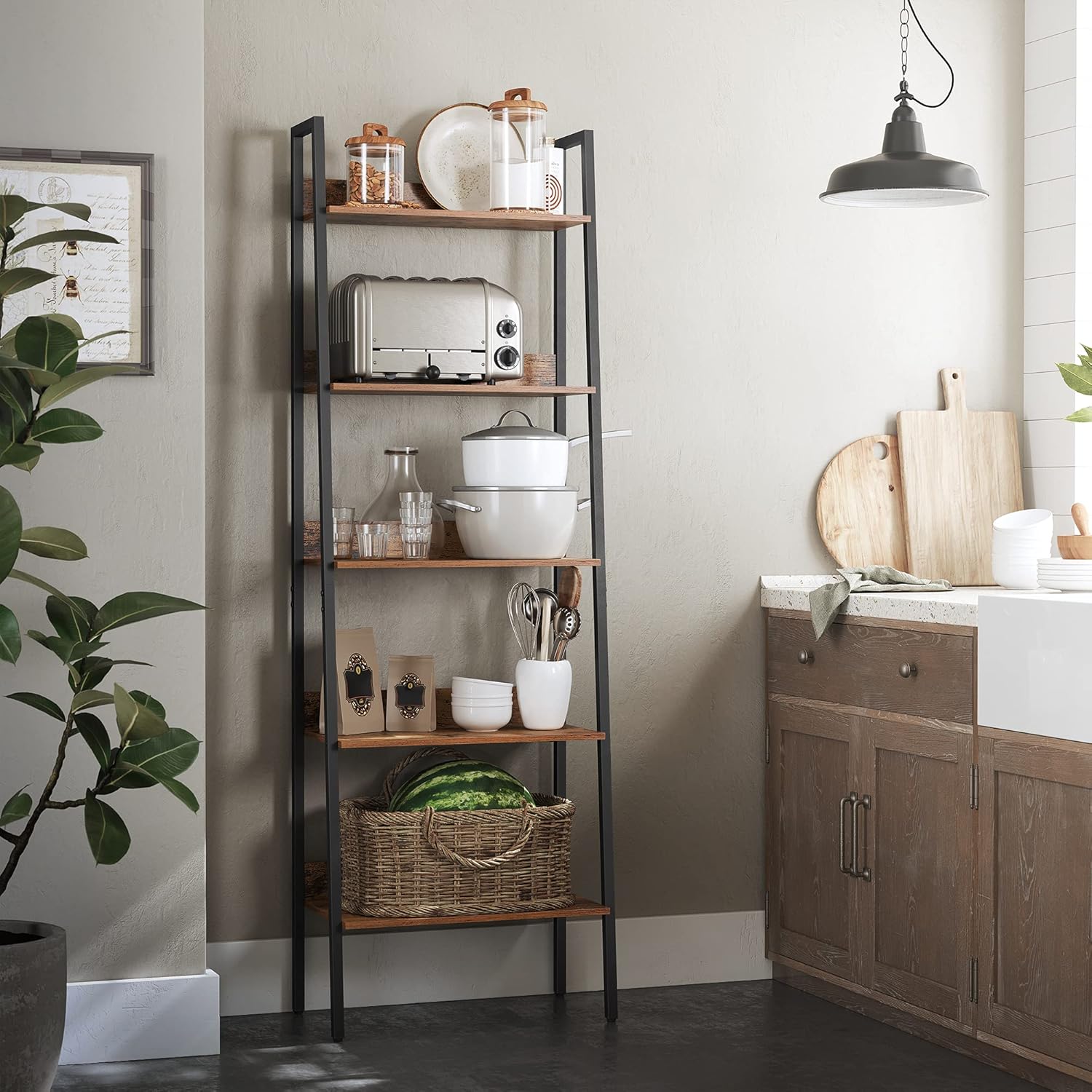 VASAGLE Biblioteca tip scara, cadru otel cu 5 polite, stil industrial, 60x30x170 cm, maro - 4