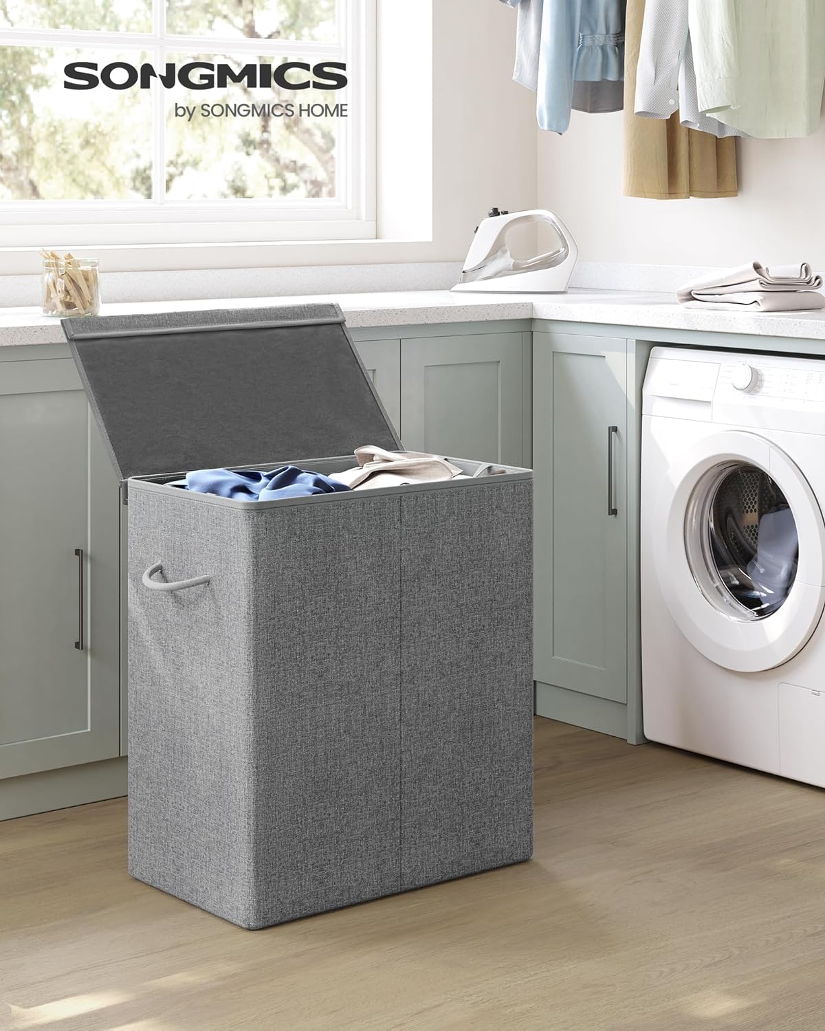 SONGMICS Cos de rufe textil, pliabil, 2 compartimente, saci detasabili, 142L, 60x36x66cm, gri