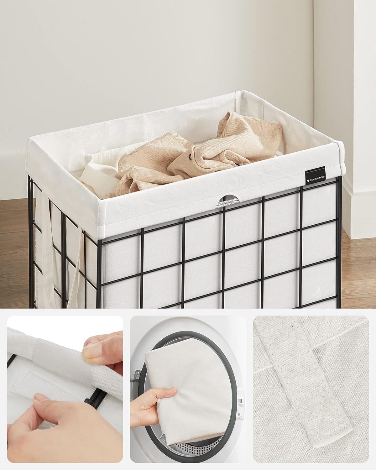 SONGMICS Cos de rufe pliabil cu cadru metalic, sac detasabil si lavabil, 90L, 48x33x58cm, negru si alb