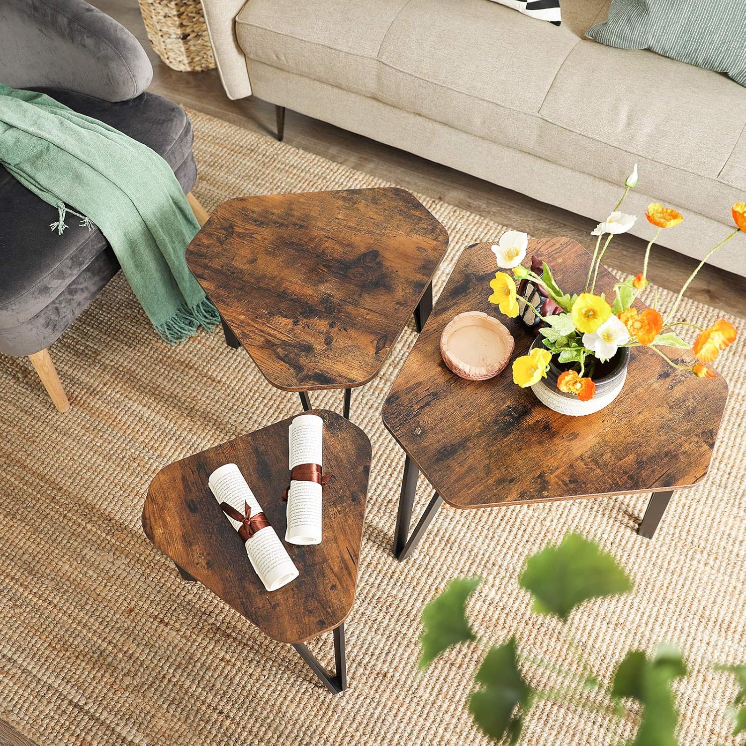 VASAGLE Set 3 mese de cafea suprapozabile, stil industrial, diametru 40, 51 si 59 cm, maro rustic