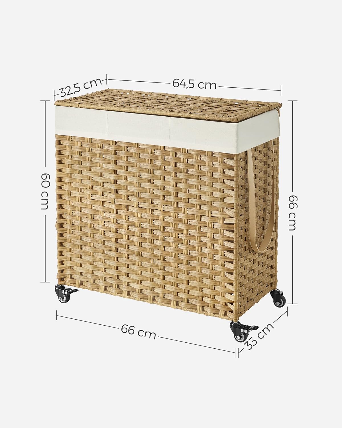 SONGMICS Cos de rufe tesut manual, cu captuseala detasabila lavabila, 3 compartimente, stil ratan, 140 litri, 66x33x60 cm, maro
