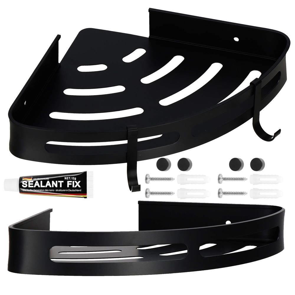 Set de 2 rafturi de baie pentru colt cu 2 sisteme instalare pe perete, aluminiu, 27x20x4cm, negru