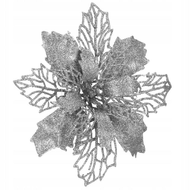 Set 10 ornamente pentru bradul de Craciun, stea Poinsettia, 16cm, argintiu