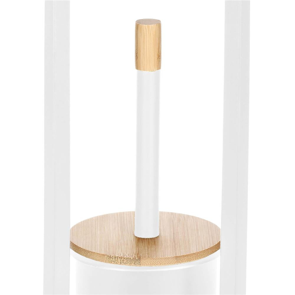Stand cu perie WC si suport hartie igienica, metal si bambus, 76cm, alb perla