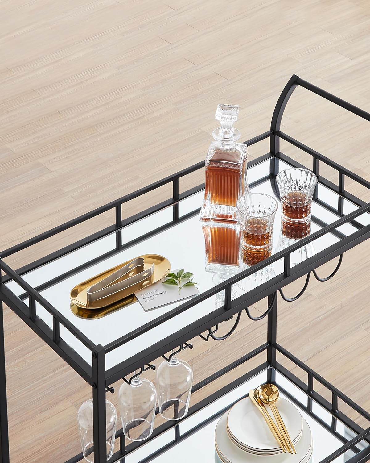 VASAGLE Carucior de servire pentru vin, suport sticle si pahare, cu 2 rafturi din sticla, 38x86x90 cm, negru