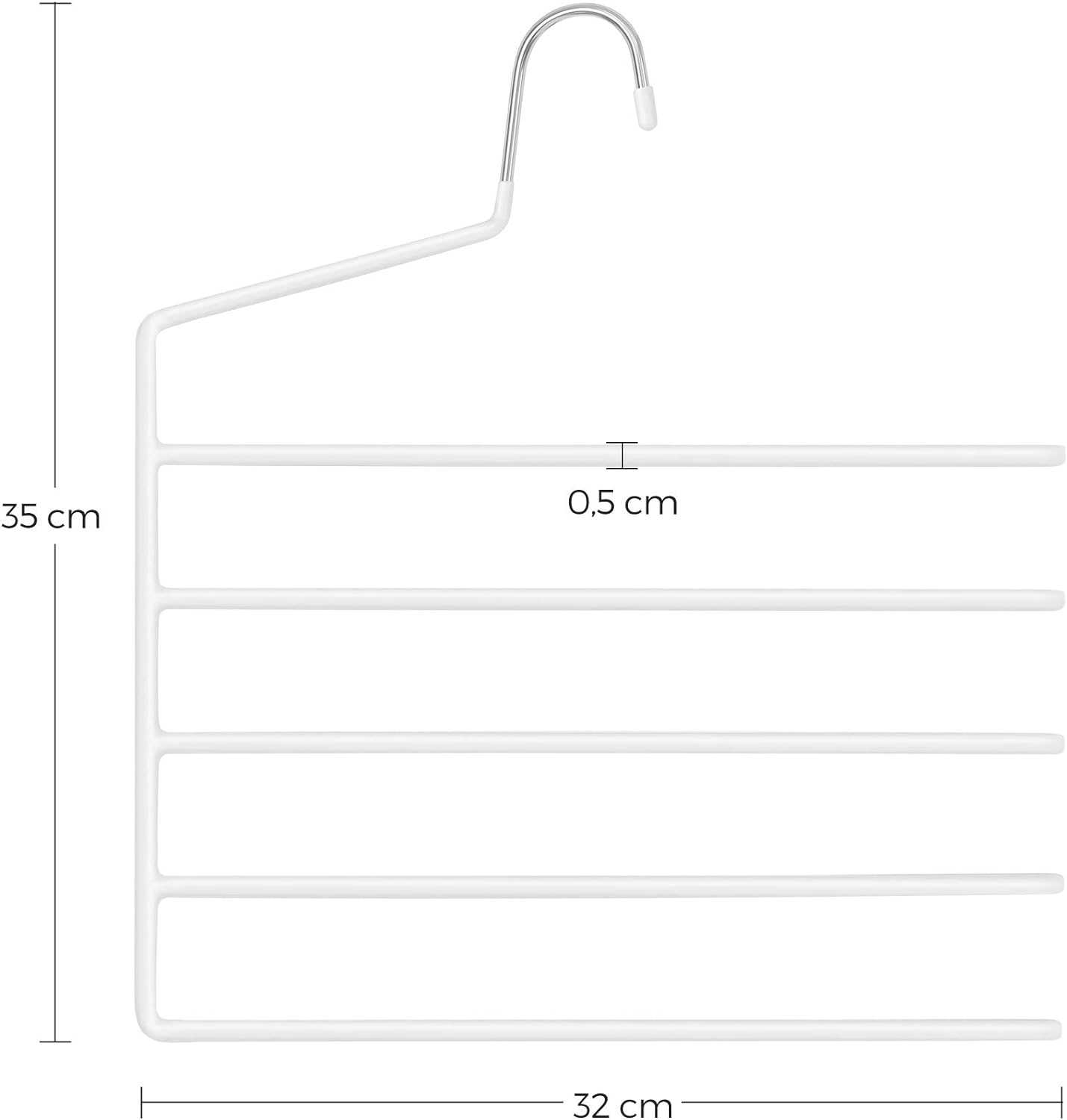 SONGMICS Set de 4 umerase pentru pantaloni, anti-alunecare, capacitate 5 perechi per umeras, 32cm, alb