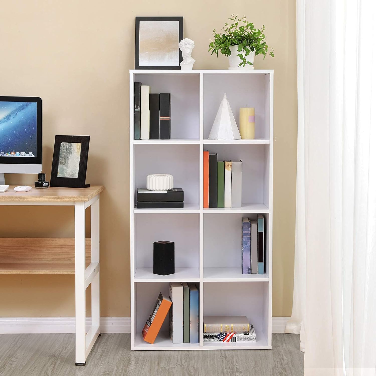 VASAGLE Biblioteca, raft cu 8 unitati de depozitare, pentru living, din lemn, 30x130x66cm, alb