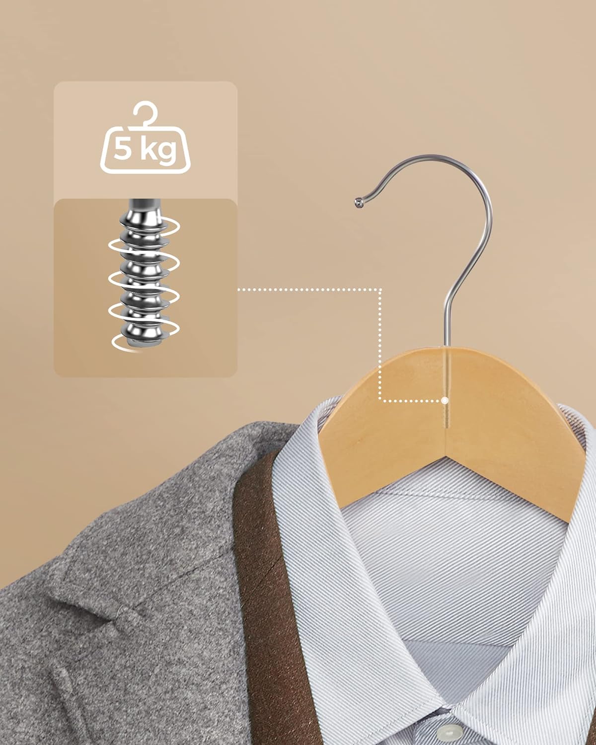 SONGMICS Set de 10 umerase din lemn, cu bara anti-alunecare pentru pantaloni, carlig pivotant la 360°, 45cm, natur