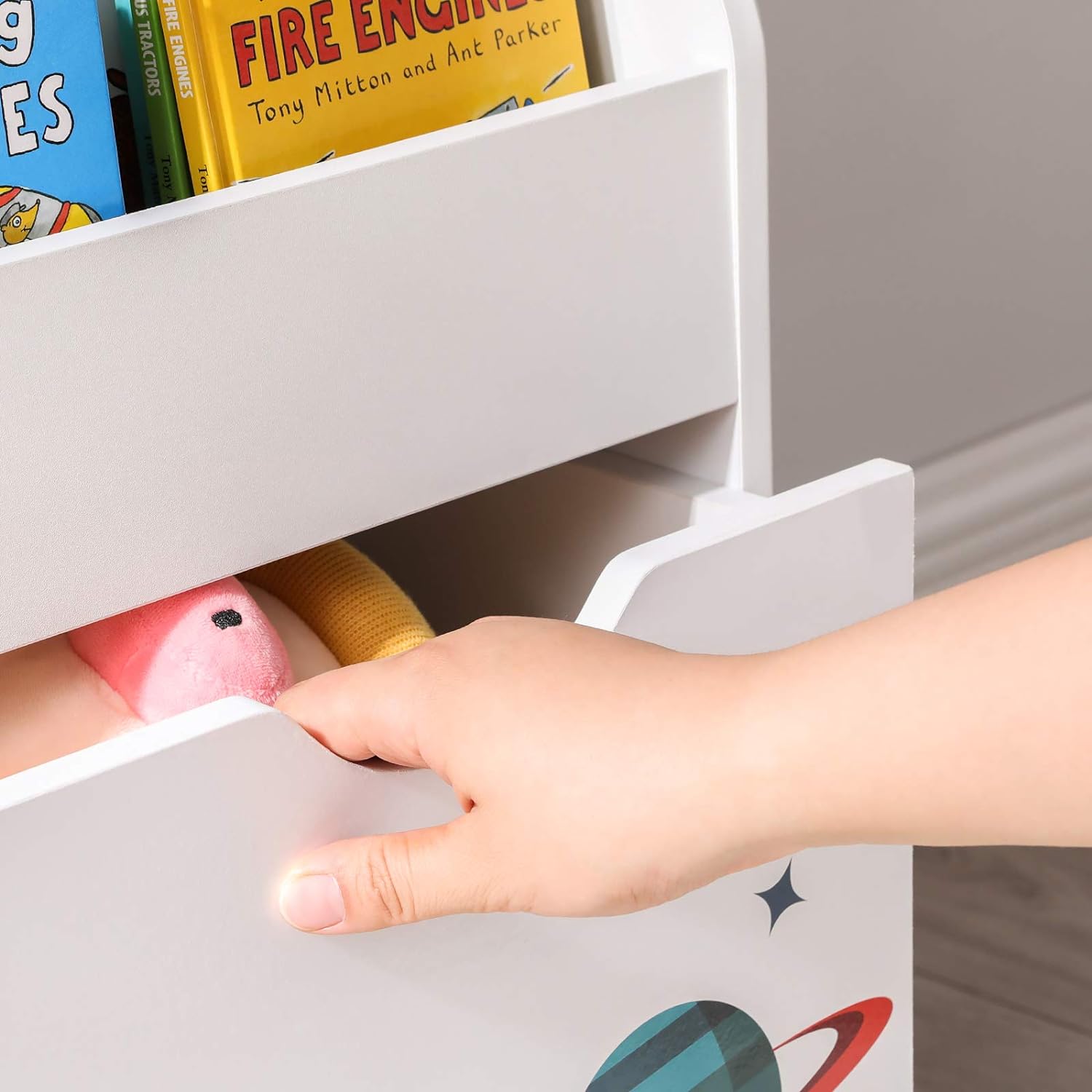 SONGMICS Organizator de jucarii si carti pentru copii, multifunctional, cutie detasabila cu roti, 63x30x70cm, alb