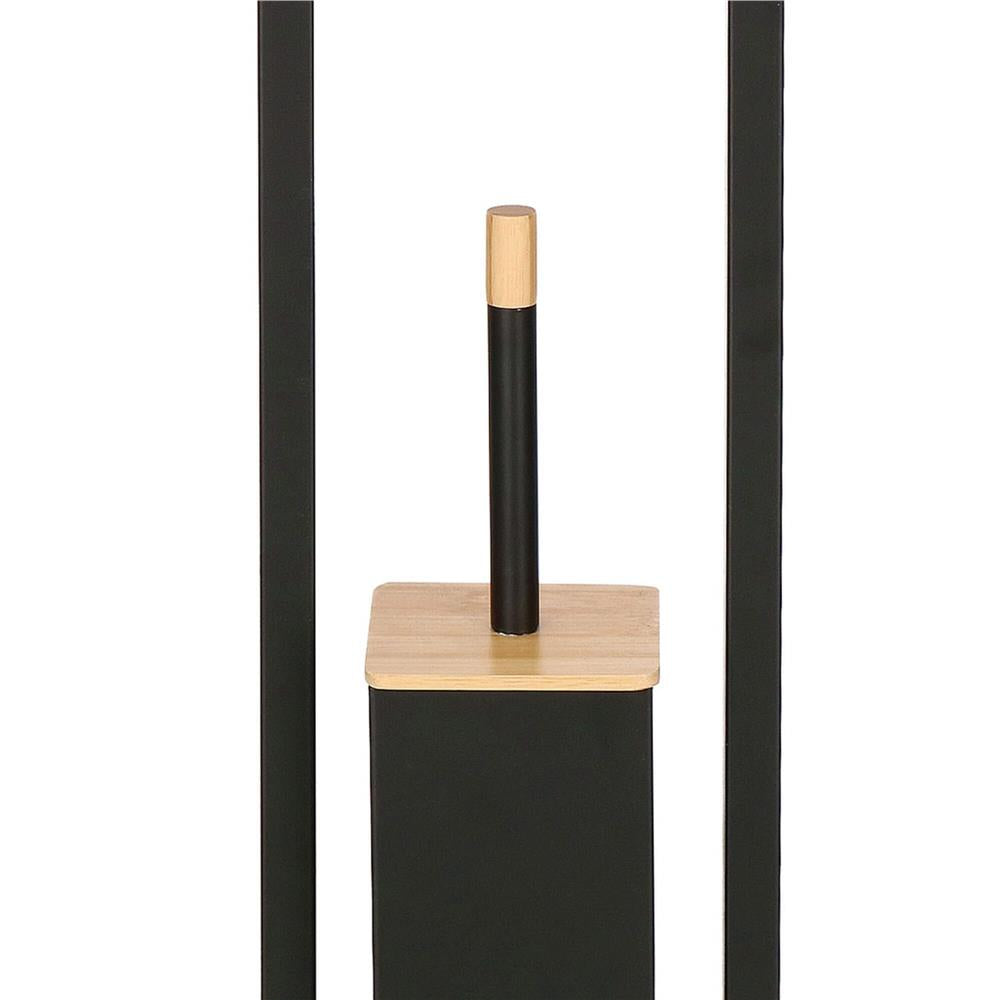Stand cu perie WC si suport hartie igienica, metal si bambus, 80cm, negru