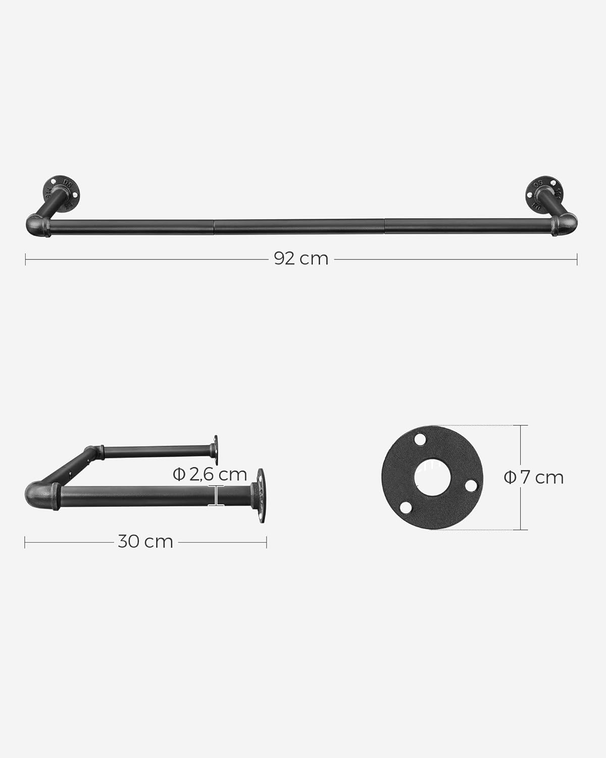 SONGMICS Set 2 sine metalice de agatat haine, montare pe perete, aspect industrial, 92x30x8cm, negru