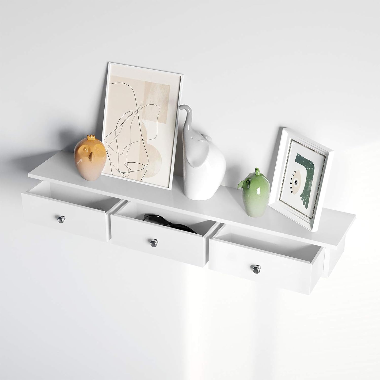 SONGMICS Raft de perete plutitor cu 3 sertare, din MDF lucios, 80x15x10 cm, alb
