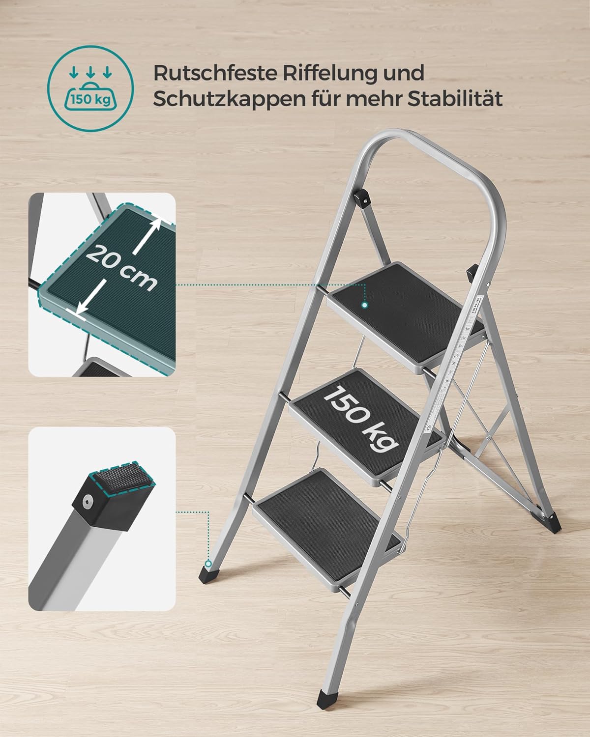 SONGMICS Scara pliabila cu 3 trepte, cauciuc antiderapant, sarcina 150 kg, otel, 47x75x105cm, gri si negru