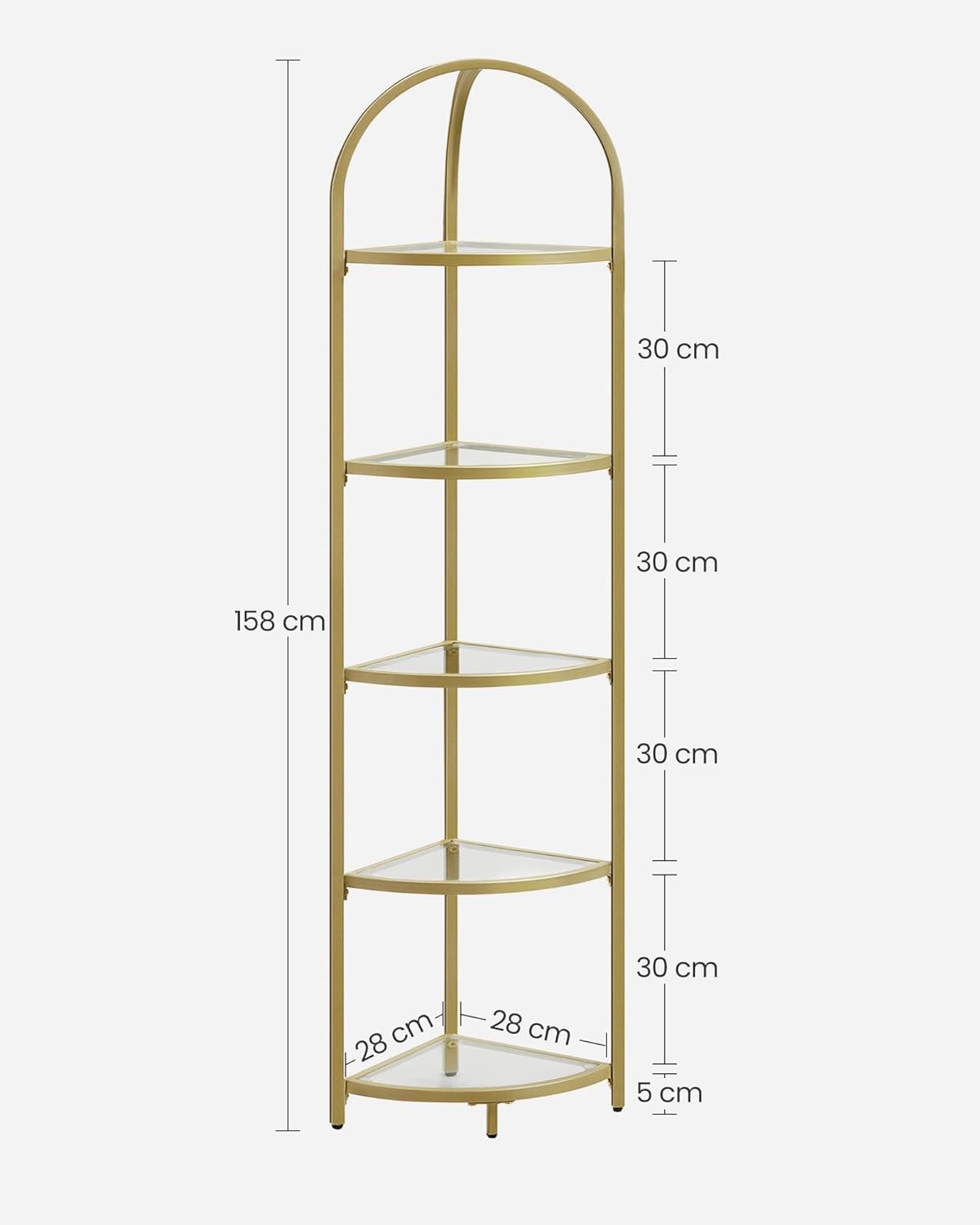 VASAGLE Raft de colt cu trepte pentru dormior, 5 etaje, din sticla securizata, cadru din otel, 28x28x158cm, auriu