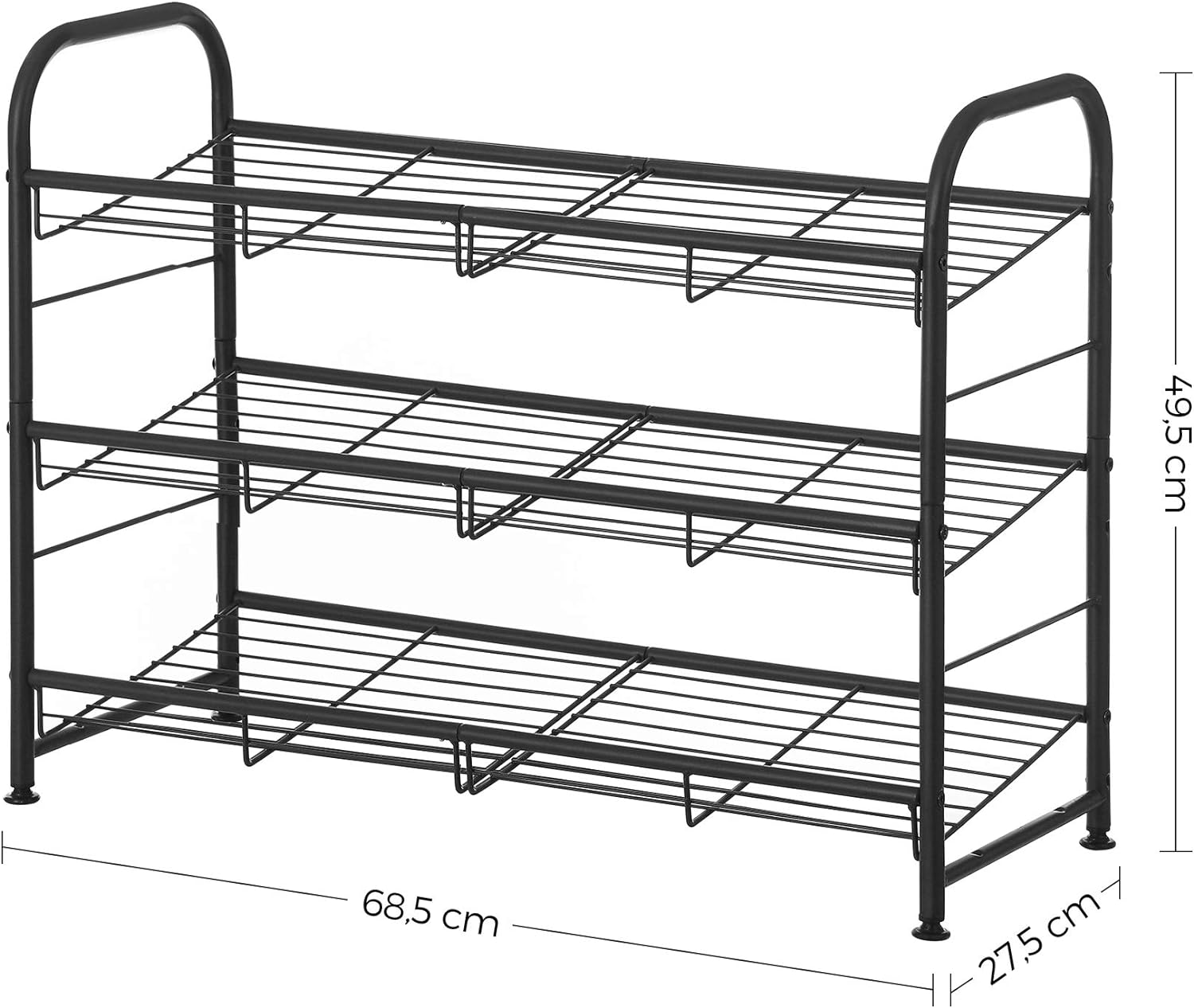 Raft de depozitare pantofi, din metal, pe 3 niveluri, cu rafturi unghiulare reglabile, 28x69x50cm, negru