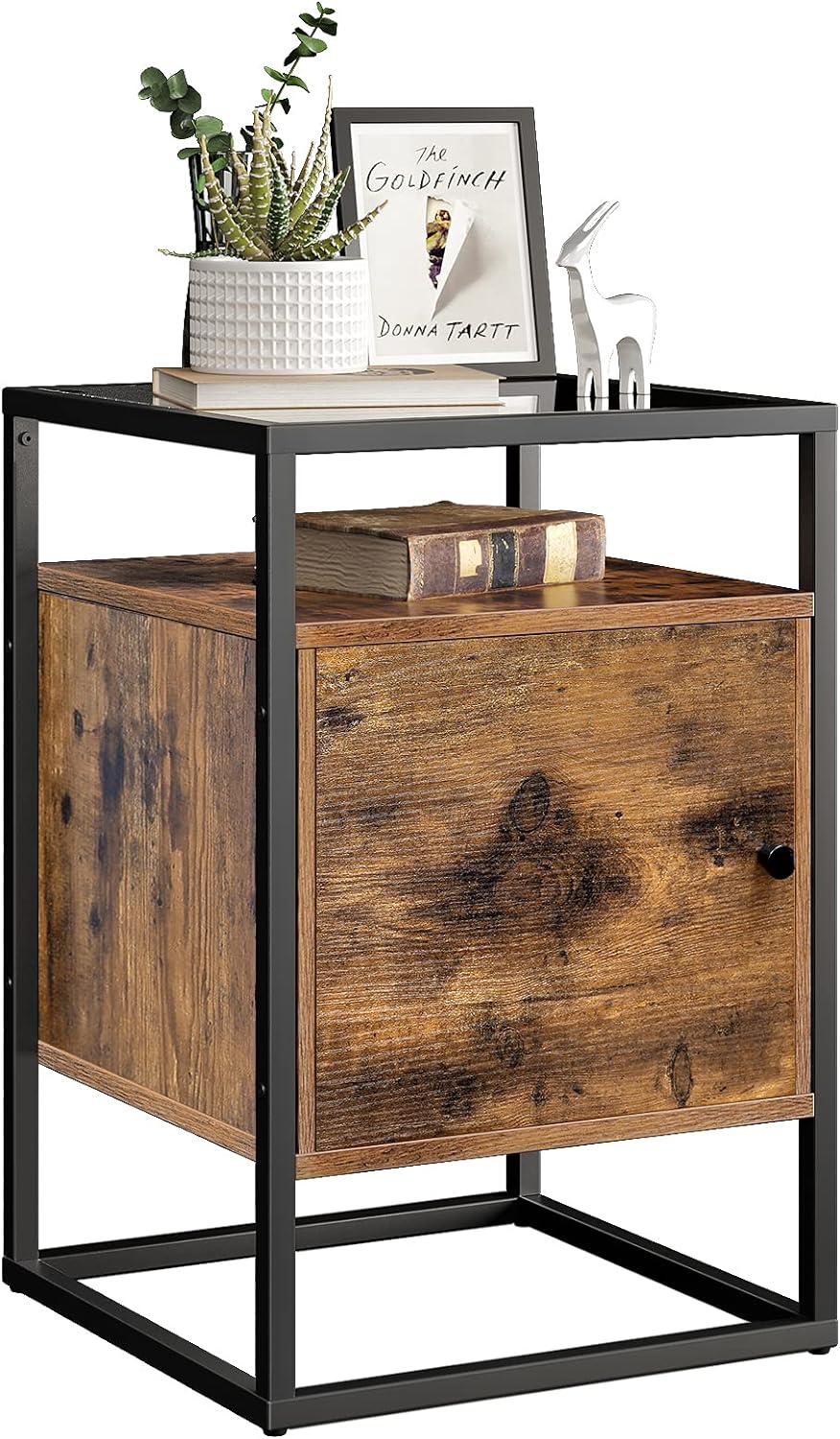 VASAGLE Noptiera cu spatiu de depozitare cu usa, blat din sticla, design industrial, 40x40x60cm, maro rustic