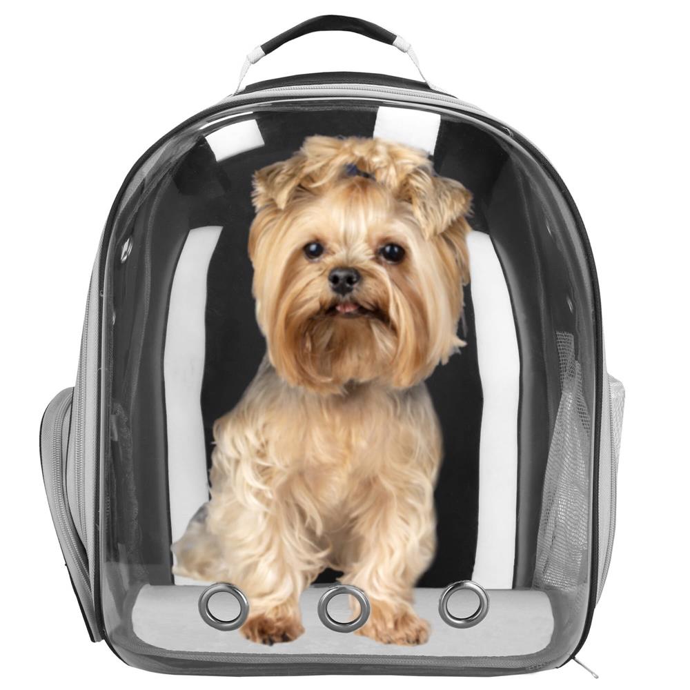 Rucsac transport animale talie mica-medie, maxim 12 kg, hublou panoramic transparent, buzunare laterale, gri