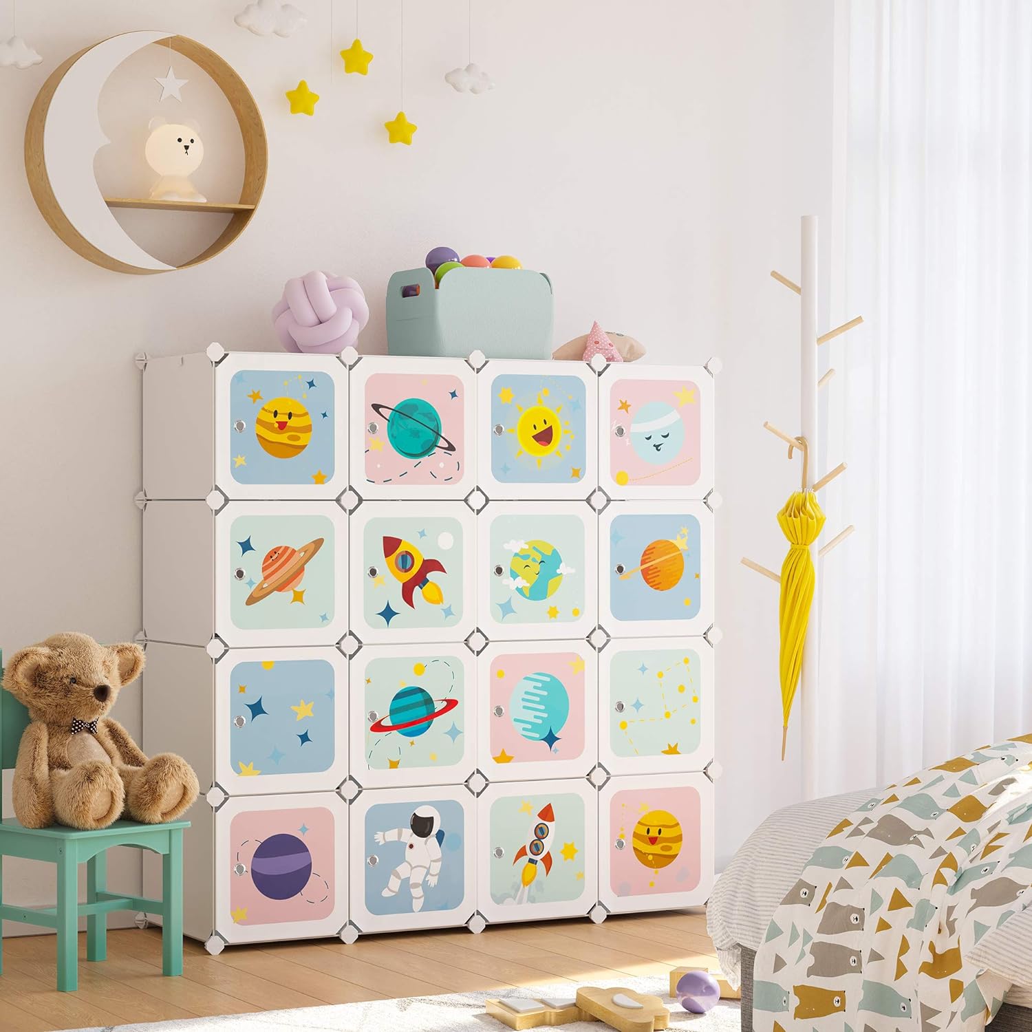 SONGMICS Dulap modular de depozitare jucarii, 16 cuburi cu usi, 123x41x123cm, alb