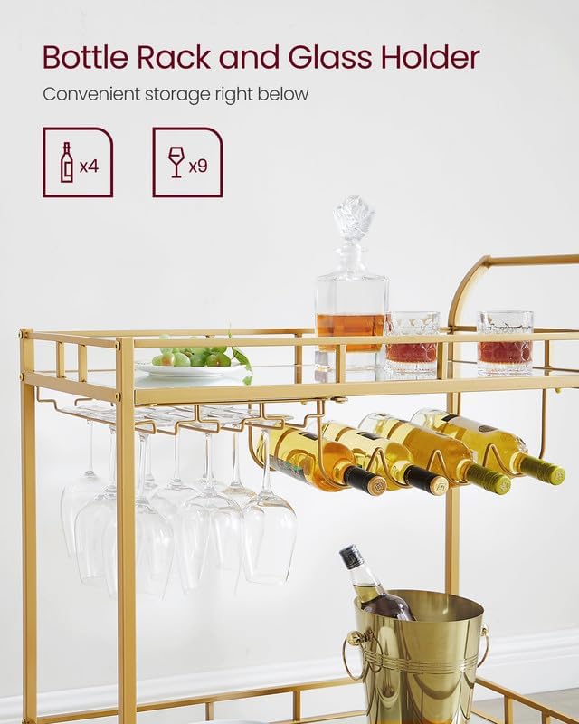 VASAGLE Carucior de servire pentru vin, suport sticle si pahare, cu 2 rafturi din sticla, 38x86x90cm, auriu