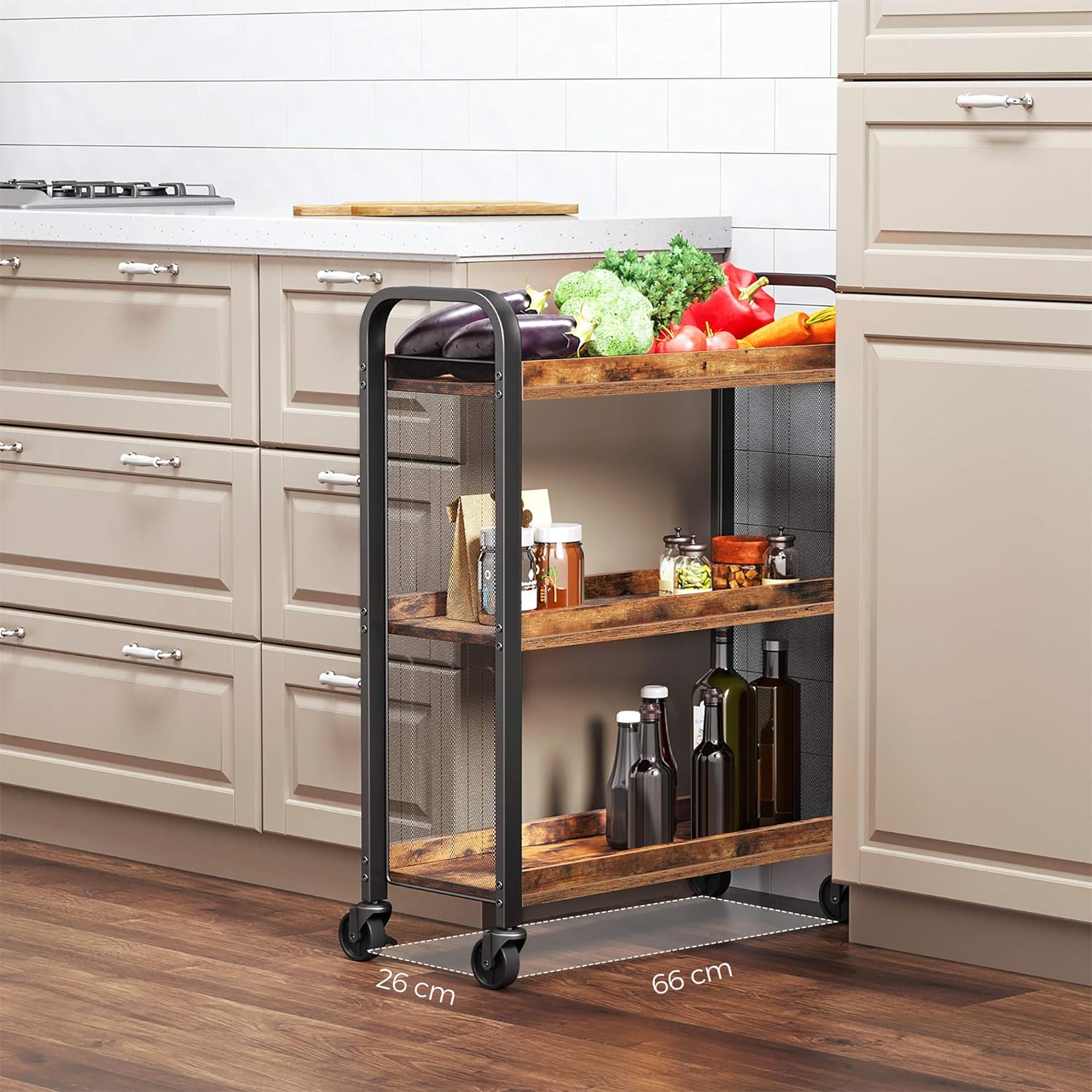 VASAGLE Carucior de servire pe roti pentru bucatarie, cu 3 polite, stil industrial, 26x66x85cm, maro rustic