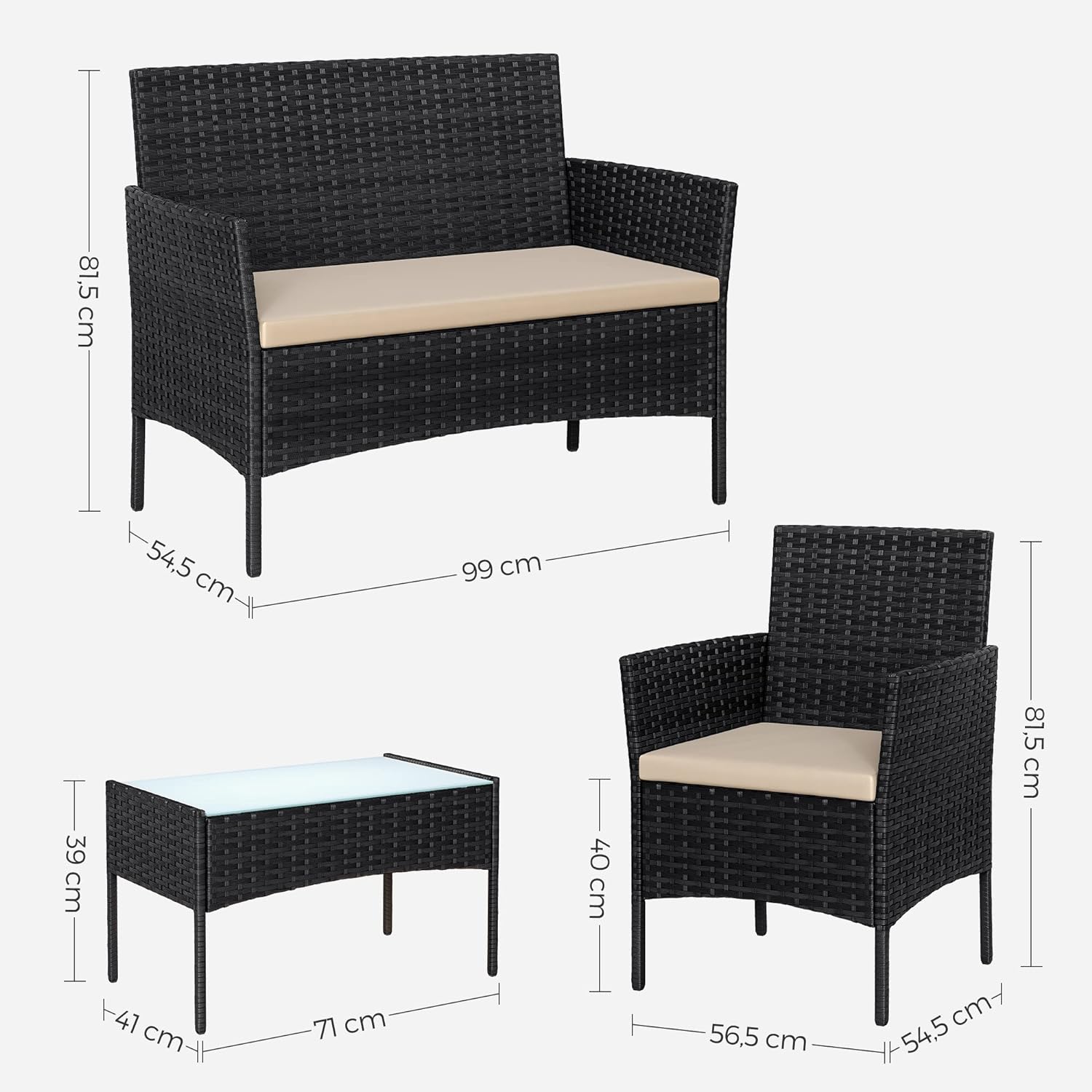 SONGMICS Set de mobilier pentru terasa sau balcon, din poliratan PE, masa, canapea si 2 scaune, negru - 5