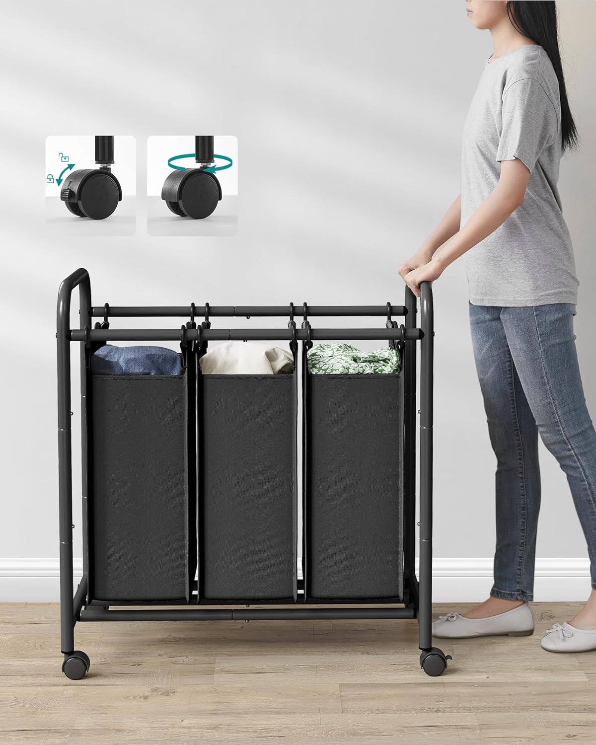 SONGMICS Cos de rufe cu 3 saci detasabili, structura metalica pe roti, 3x44L, 77x41x82cm, negru