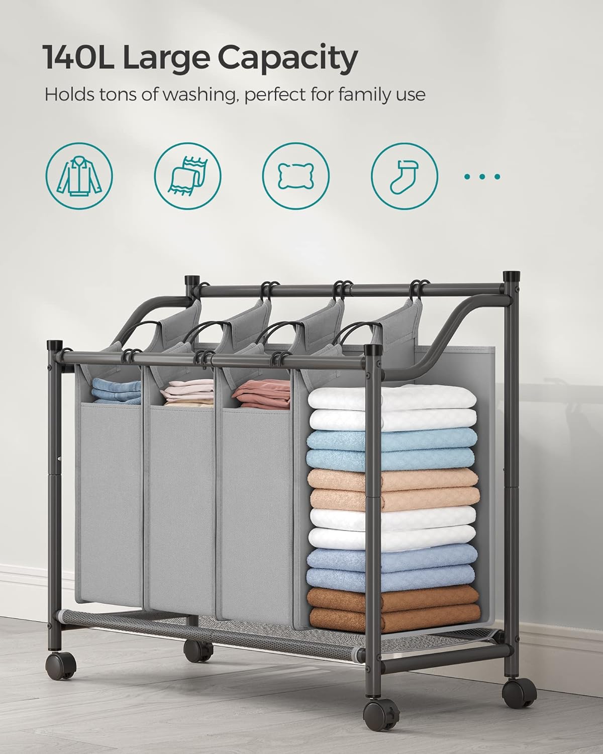 SONGMICS Cos de rufe cu 4 saci detasabili, structura metalica pe roti, 4x35L, 87x38x81cm, gri