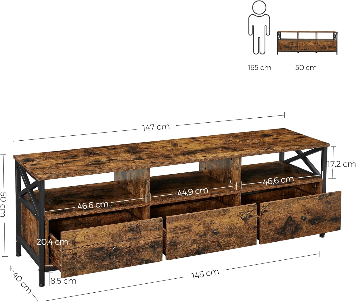 VASAGLE Comoda pentru TV de pana la 65 inch, cu 3 sertare si 3 rafturi deschise, 40x147x50cm, maro rustic si negru