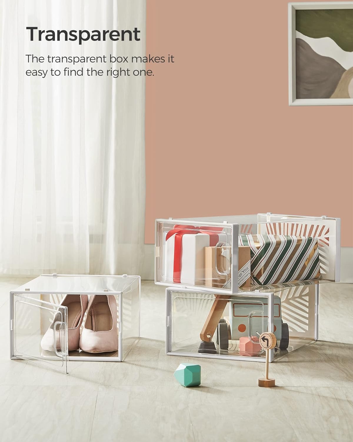 SONGMICS Cutii de pantofi, set de 18 organizatoare stivuibile, structura rezistenta ABS, 34x23x14cm, transparent