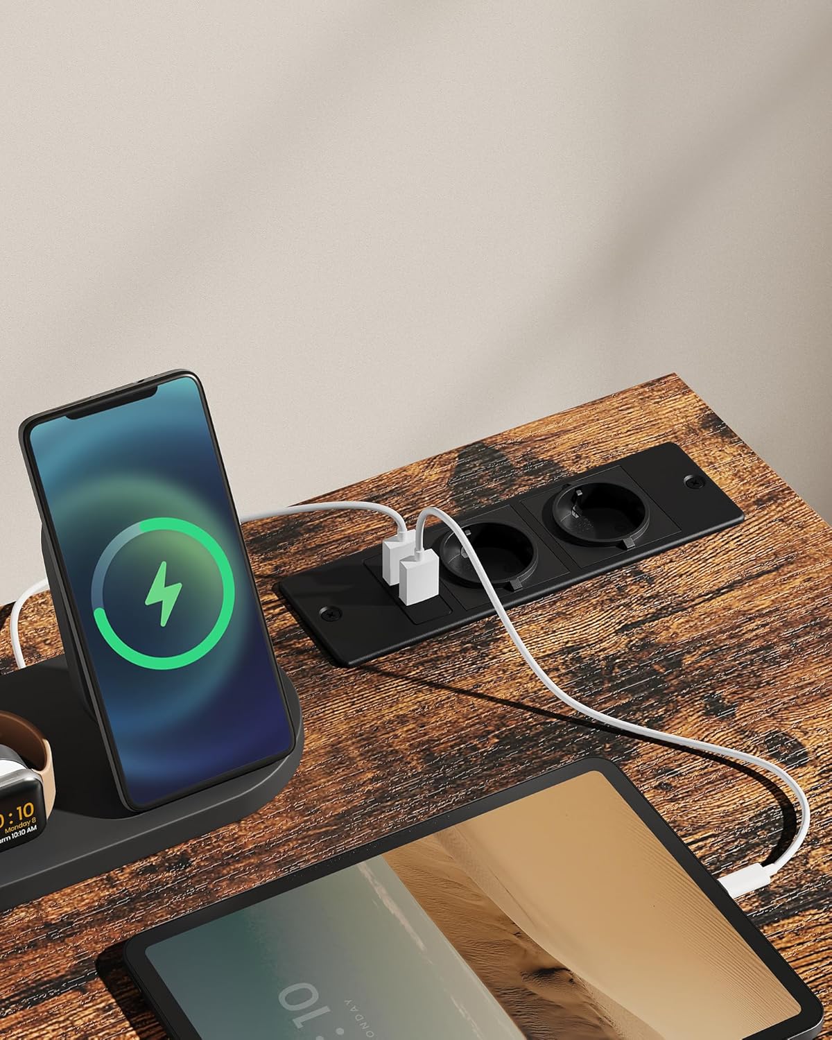 VASAGLE Birou cu iluminare LED, priza incorporata, 2 USB, 50x100x76 cm, maro rustic