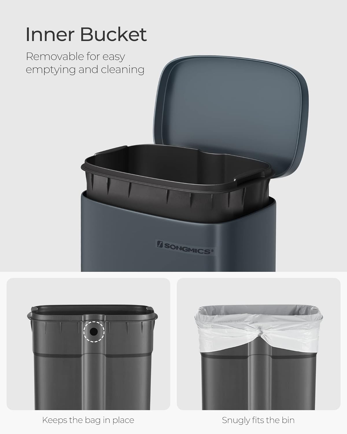 SONGMICS Cos de gunoi din otel cu pedala, galeata interioara plastic, capac inchidere lenta, 30L, 35x30x63cm, gri inchis