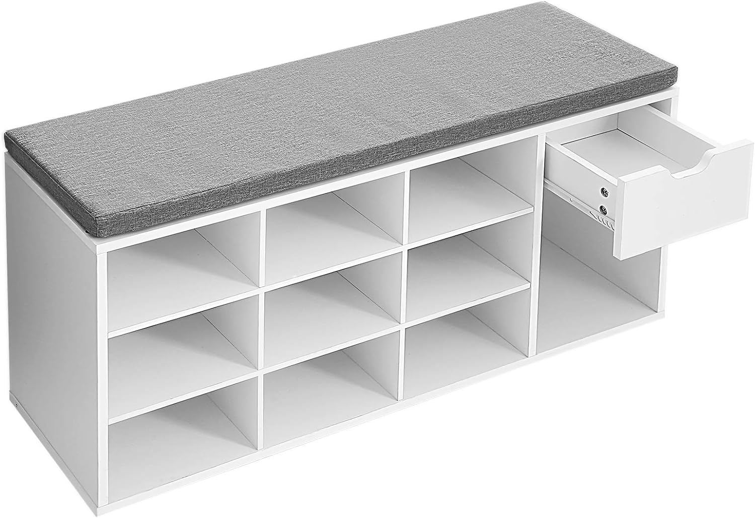 VASAGLE Banca de depozitare cu suport pentru pantofi, 10 compartimente si dulap, cu perna, 30x104x48cm, alb
