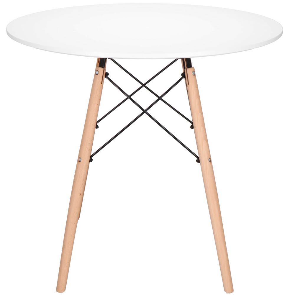 Masa dining bucatarie, rotunda, diametru 80 cm, inaltime 75 cm, Blat MDF, Picioare lemn, Alb