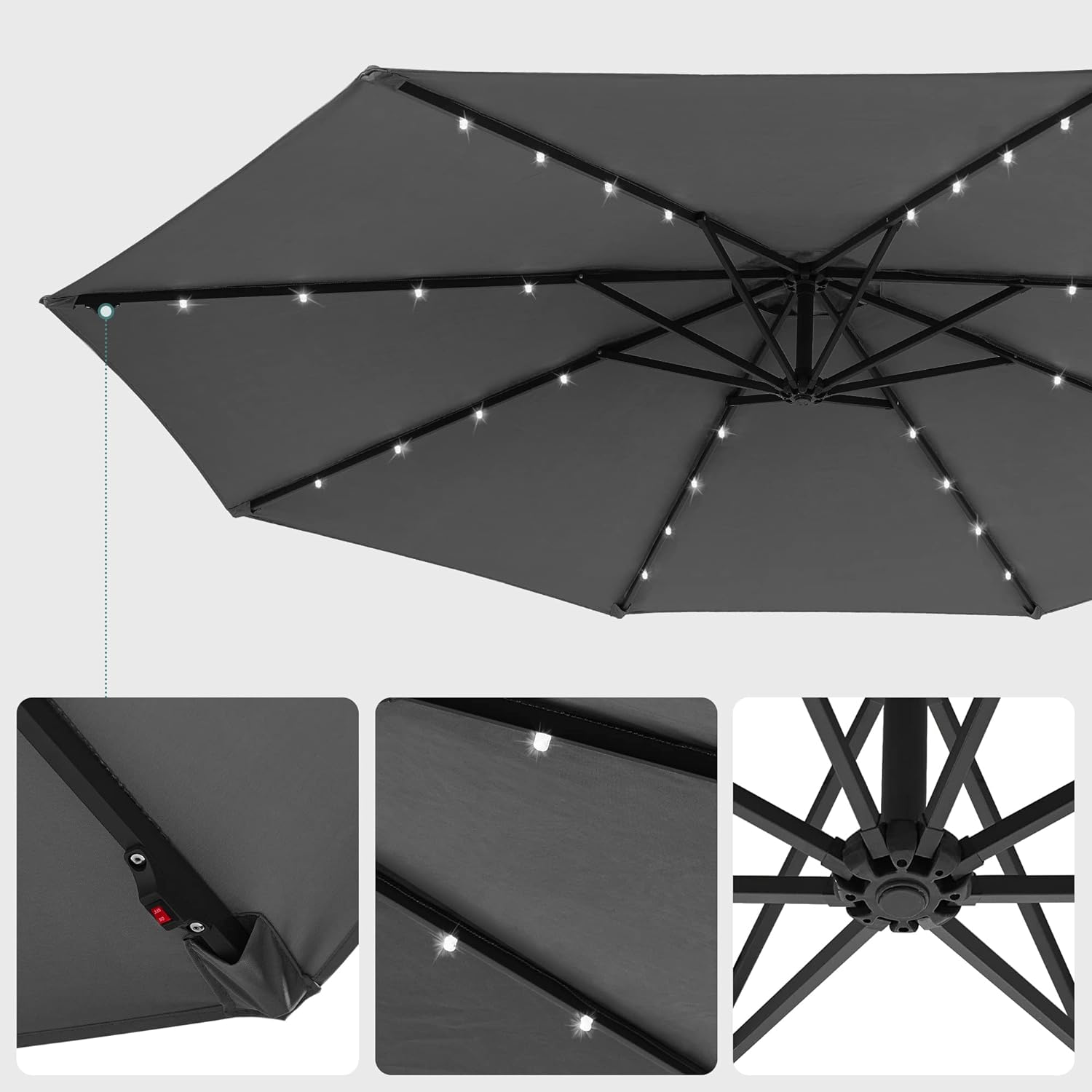 SONGMICS Umbrela de gradina cu brat lateral banana, 300cm, cu iluminare LED solara, gri
