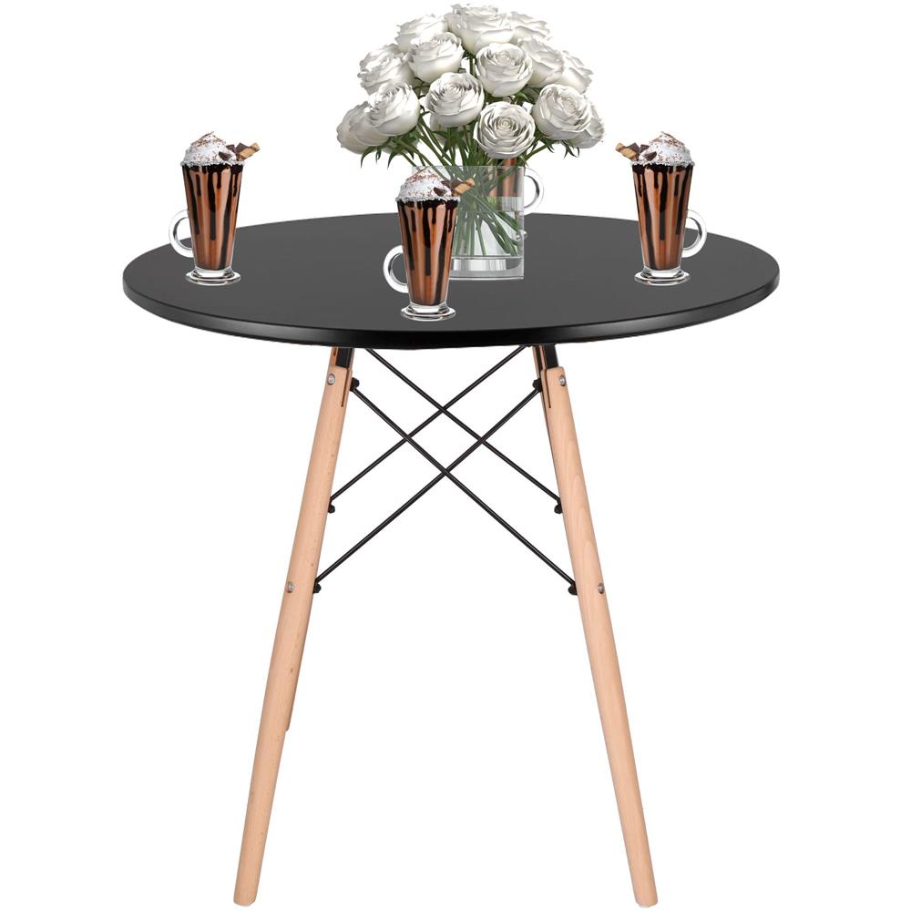 Masa dining bucatarie, rotunda, diametru 80 cm, inaltime 75 cm, Blat MDF, Picioare lemn, Negru
